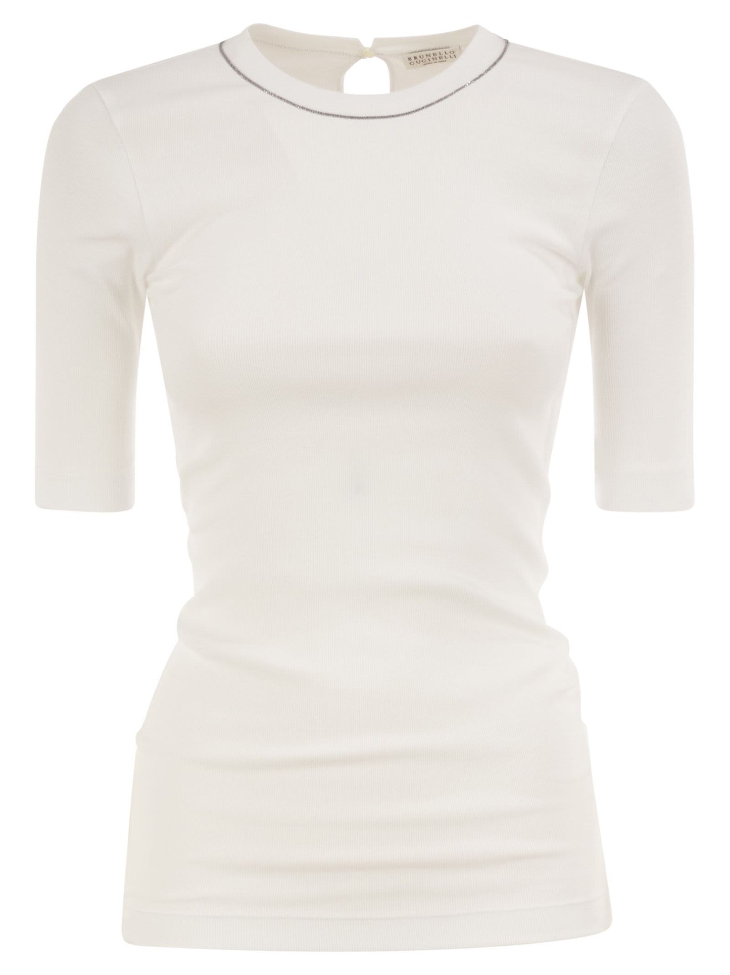 Brunello Cucinelli Women Ribbed Stretch Cotton T-Shirt With Monili Trim BRUNELLO CUCINELLI