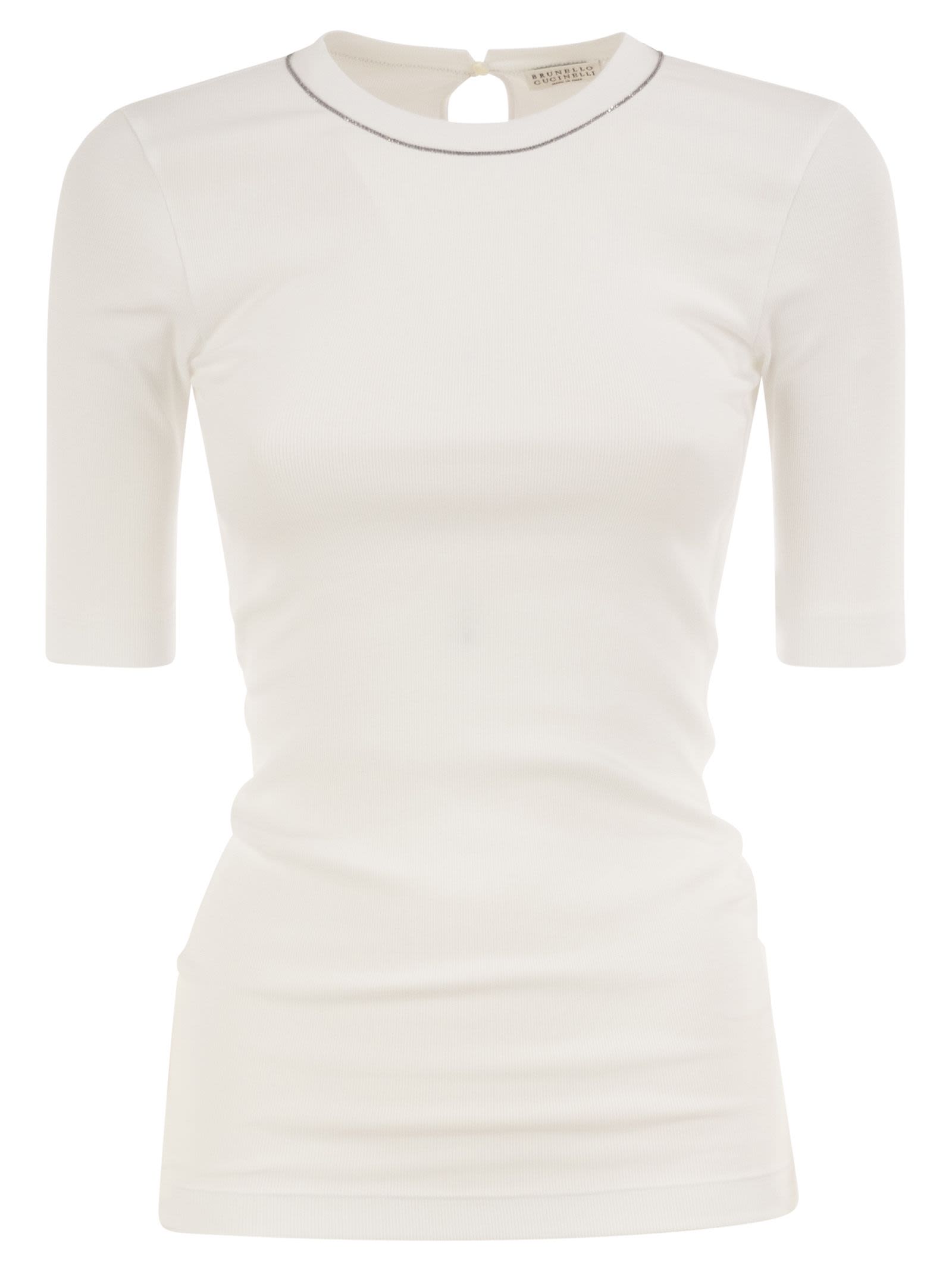 Brunello Cucinelli Women Ribbed Stretch Cotton T-Shirt With Monili Trim BRUNELLO CUCINELLI