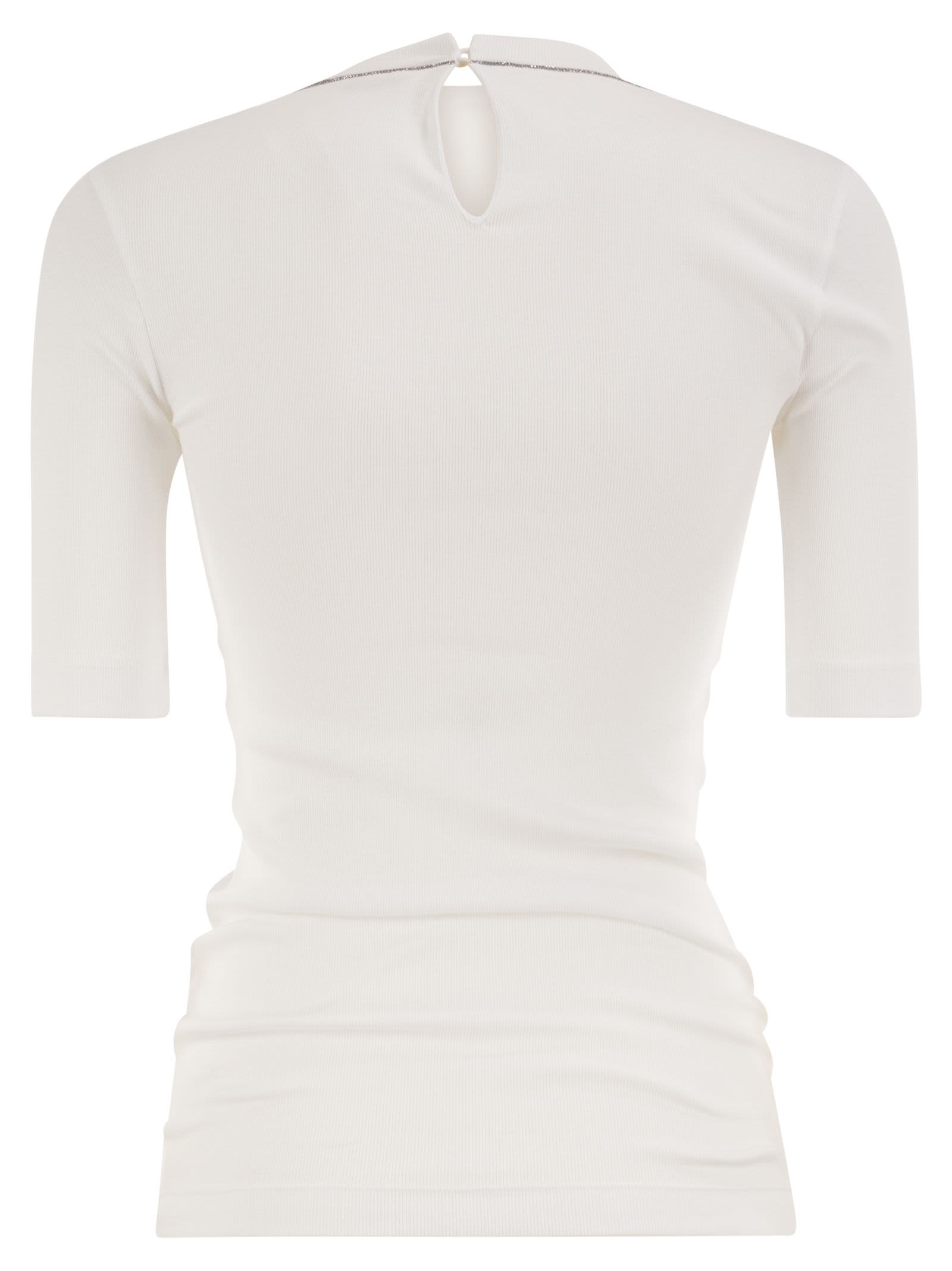 Brunello Cucinelli Women Ribbed Stretch Cotton T-Shirt With Monili Trim BRUNELLO CUCINELLI
