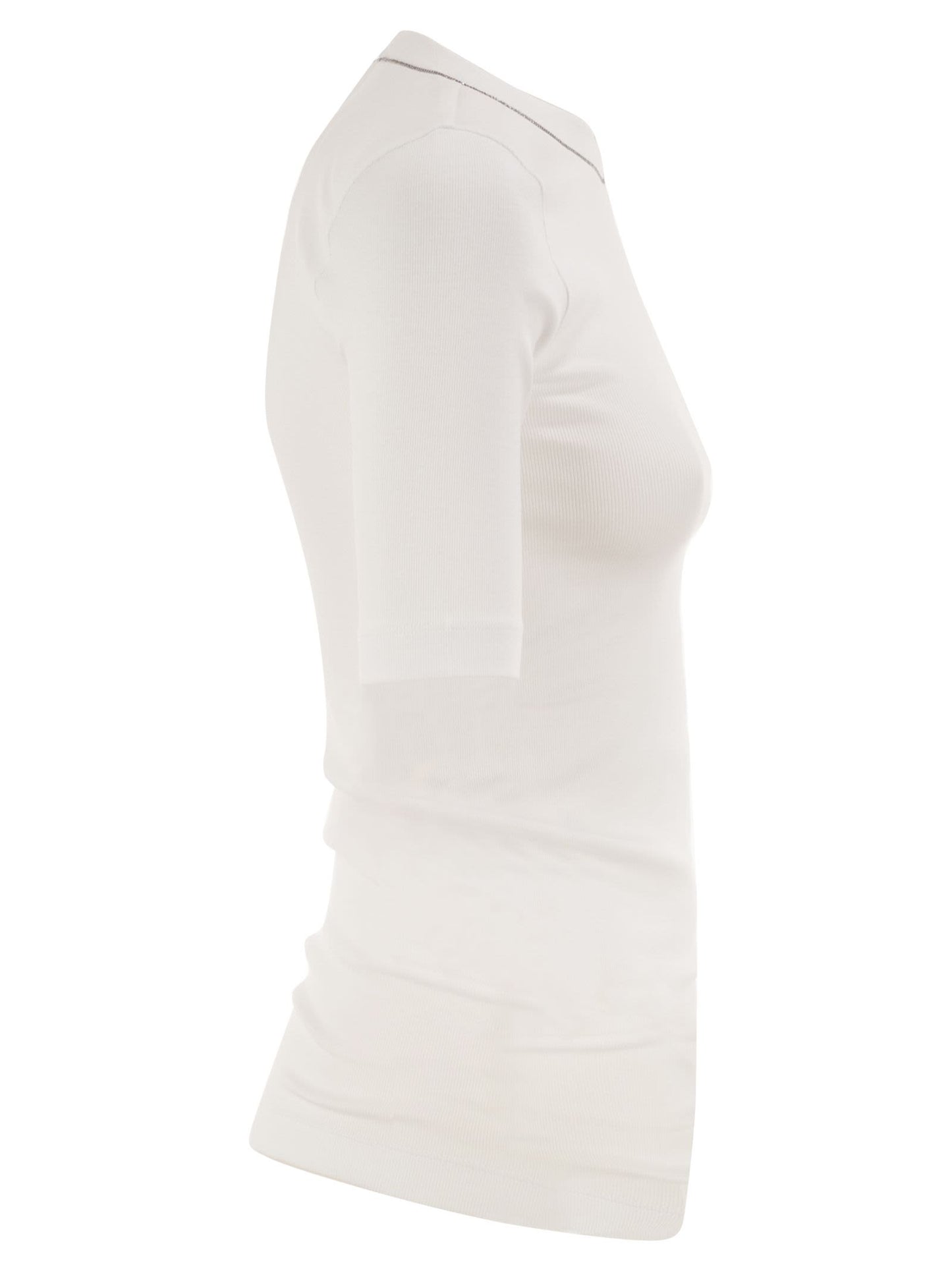 Brunello Cucinelli Women Ribbed Stretch Cotton T-Shirt With Monili Trim BRUNELLO CUCINELLI