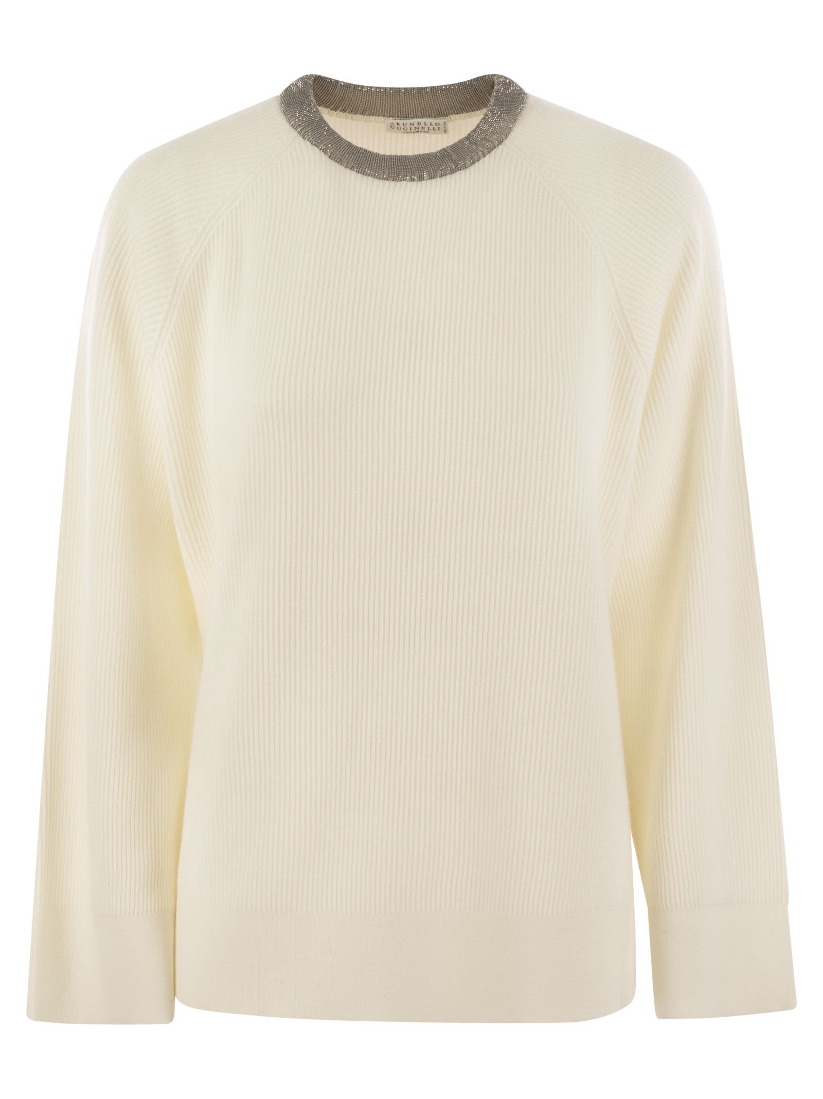 Brunello Cucinelli Women Ribbed Cashmere Sweater With Necklace BRUNELLO CUCINELLI