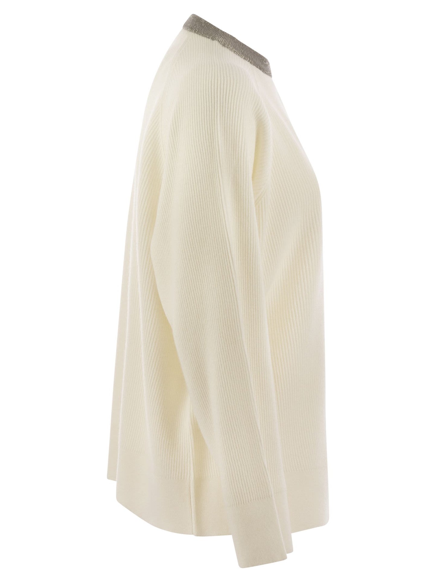 Brunello Cucinelli Women Ribbed Cashmere Sweater With Necklace BRUNELLO CUCINELLI