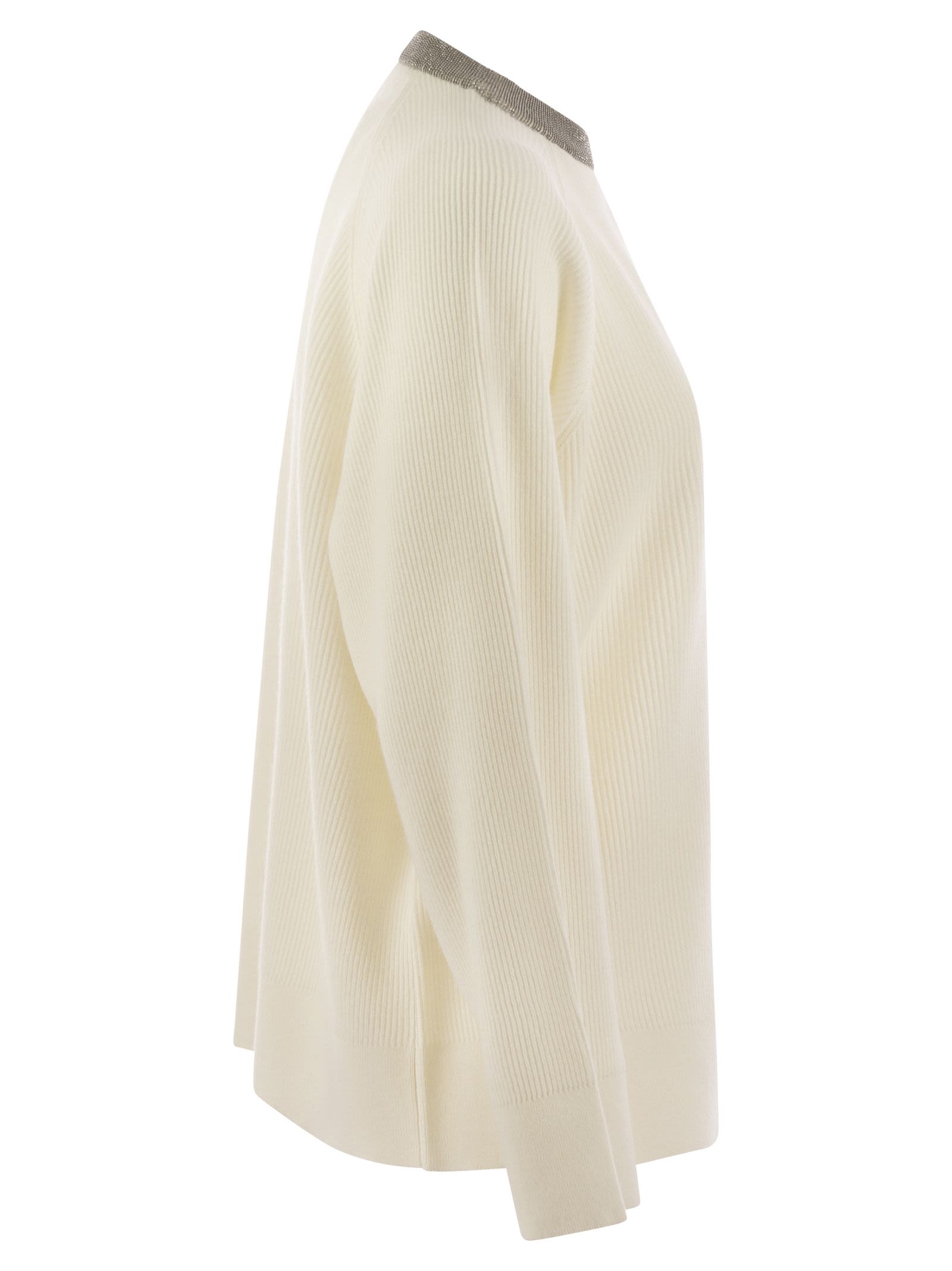 Brunello Cucinelli Women Ribbed Cashmere Sweater With Necklace BRUNELLO CUCINELLI