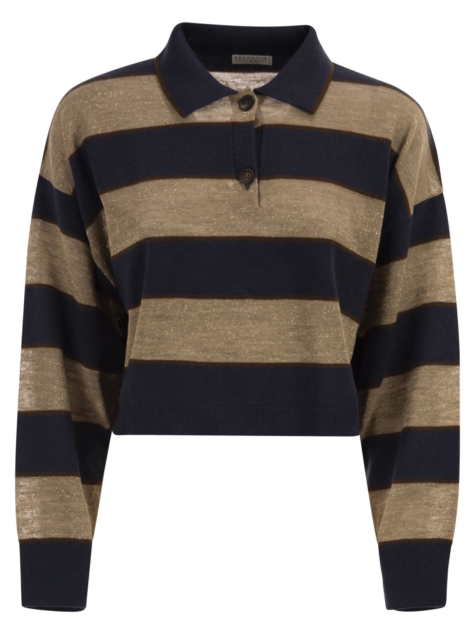 Brunello Cucinelli Women Sparkling Stripes Cropped Polo Shirt In Virgin Wool, Cashmere And Linen Knit BRUNELLO CUCINELLI
