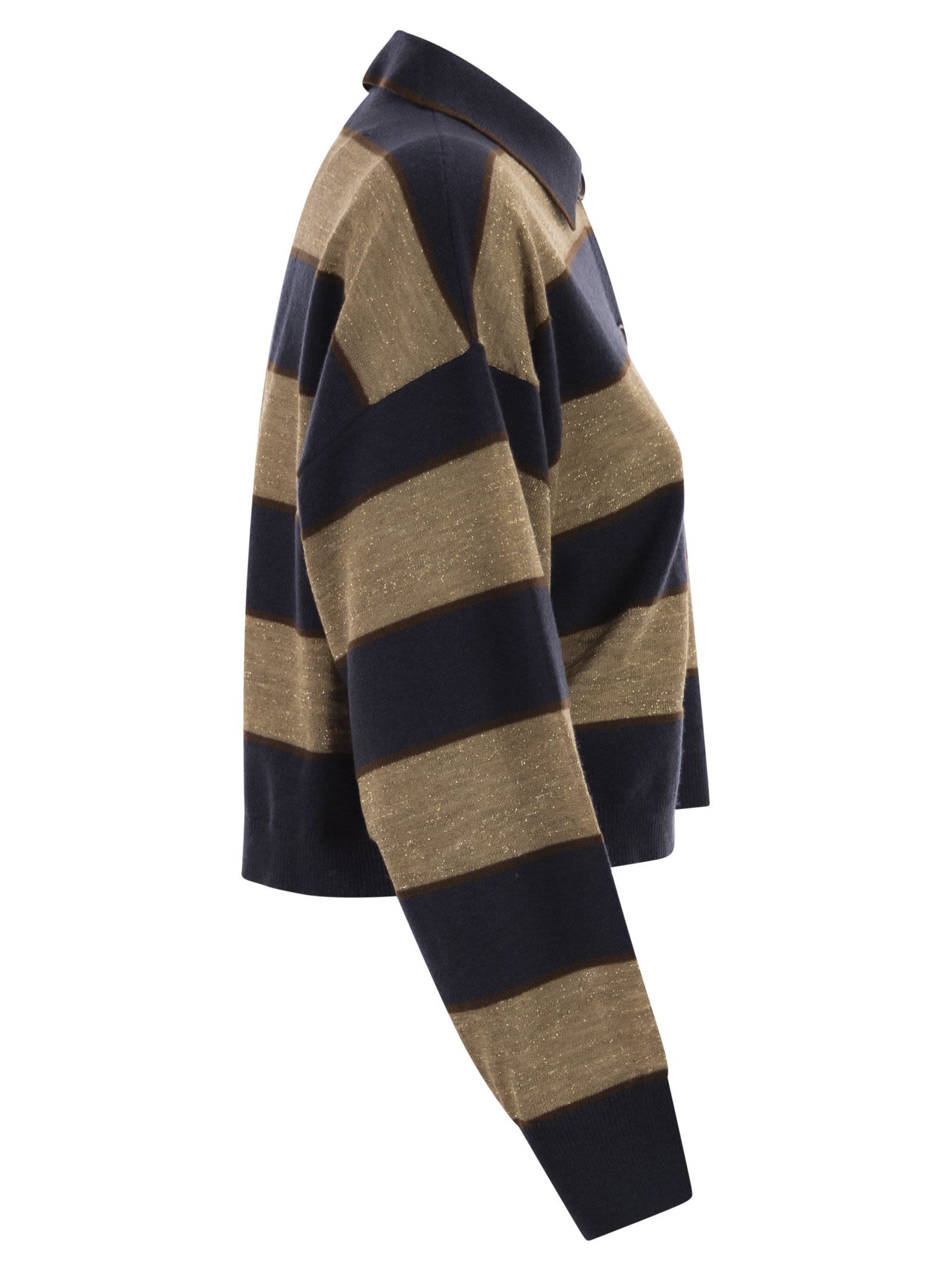 Brunello Cucinelli Women Sparkling Stripes Cropped Polo Shirt In Virgin Wool, Cashmere And Linen Knit BRUNELLO CUCINELLI