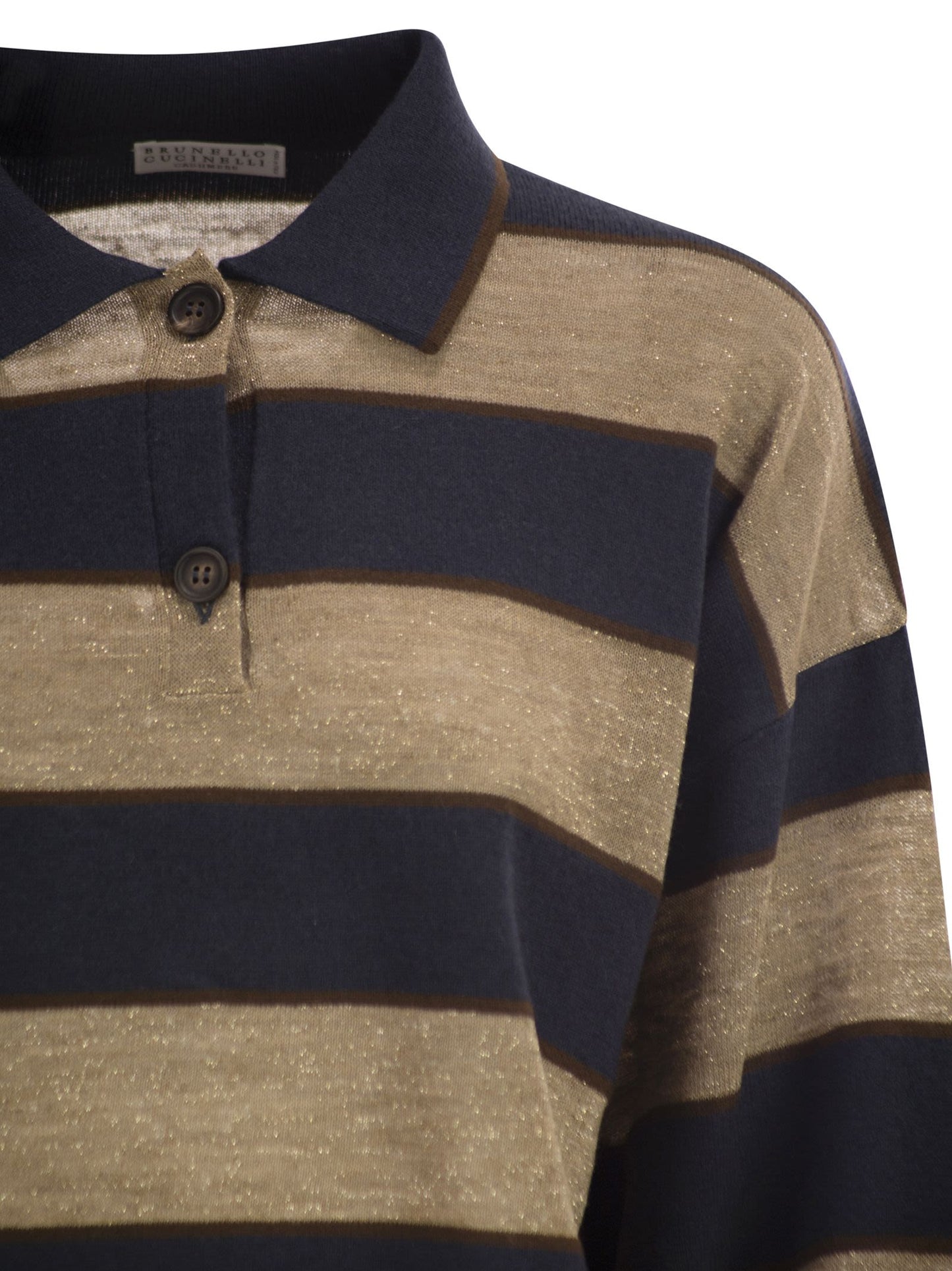 Brunello Cucinelli Women Sparkling Stripes Cropped Polo Shirt In Virgin Wool, Cashmere And Linen Knit BRUNELLO CUCINELLI
