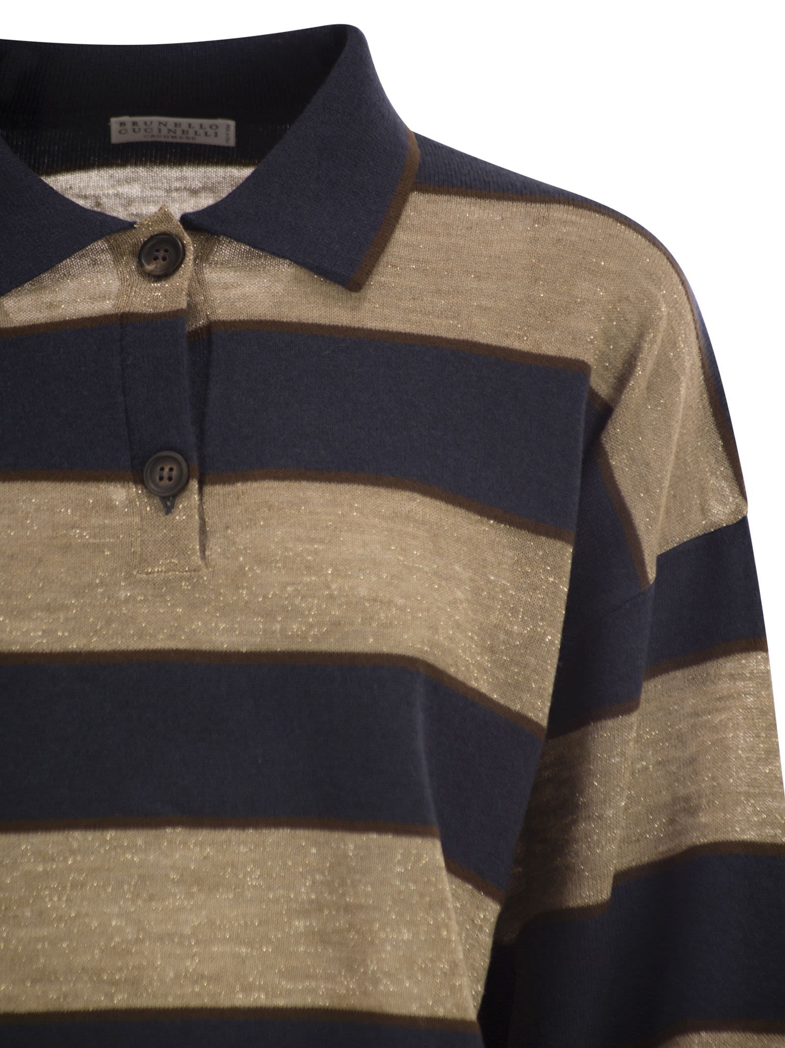 Brunello Cucinelli Women Sparkling Stripes Cropped Polo Shirt In Virgin Wool, Cashmere And Linen Knit BRUNELLO CUCINELLI