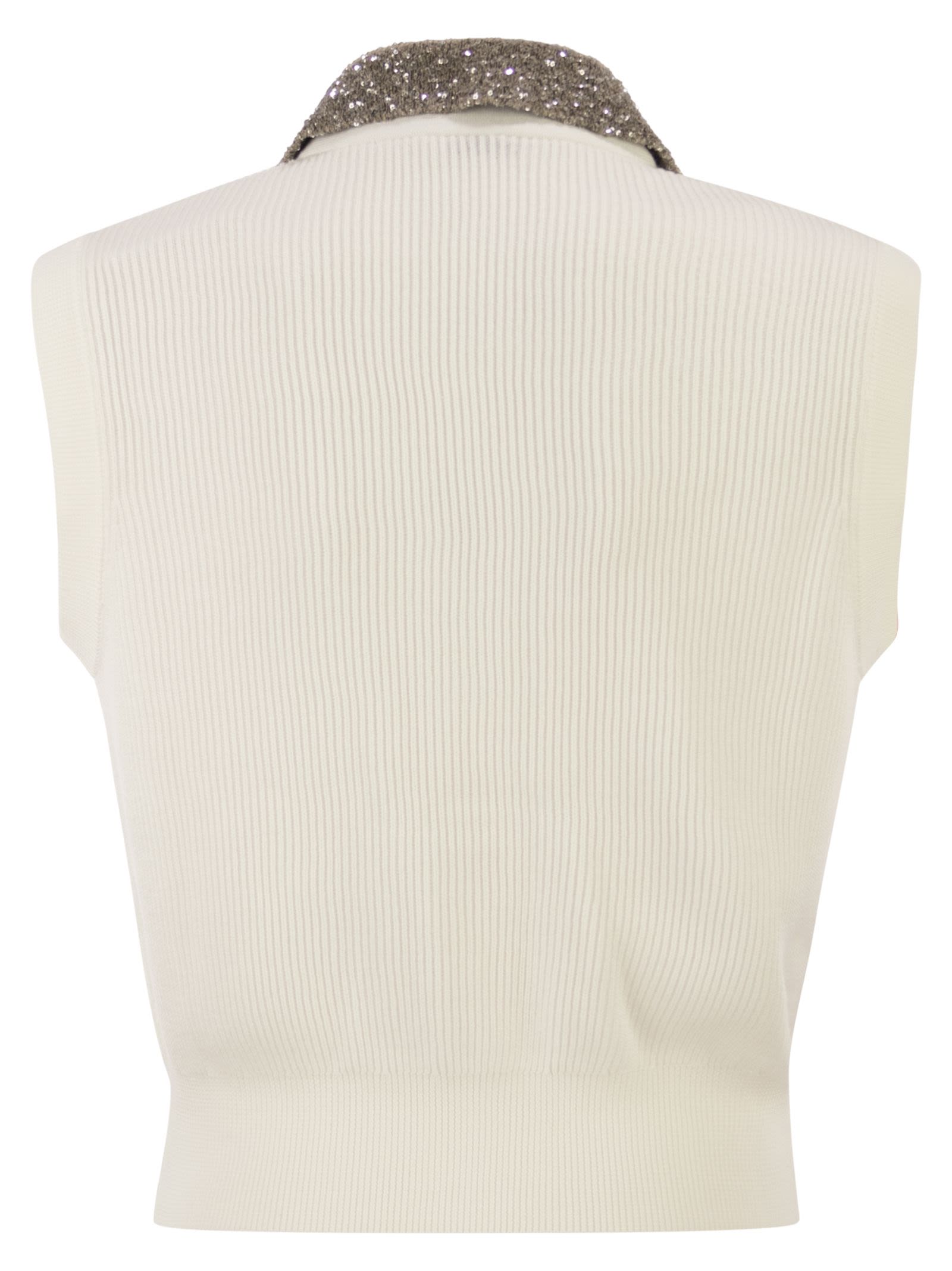 Brunello Cucinelli Women Sleeveless Cotton Ribbed Cardigan With Sequins BRUNELLO CUCINELLI