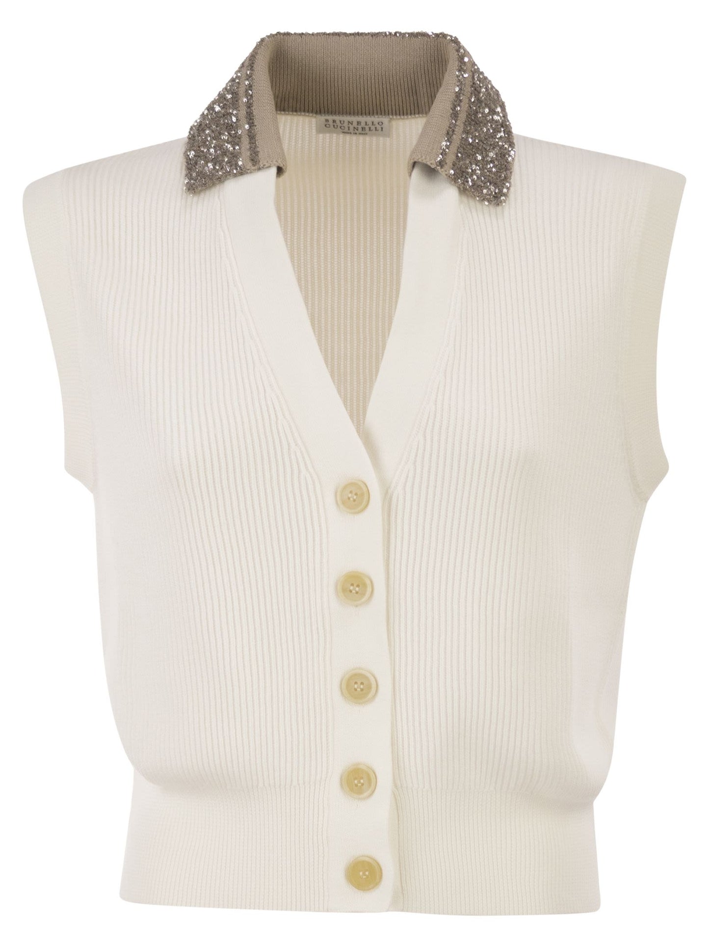 Brunello Cucinelli Women Sleeveless Cotton Ribbed Cardigan With Sequins BRUNELLO CUCINELLI