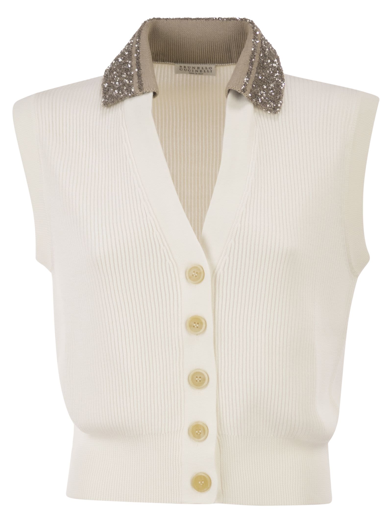 Brunello Cucinelli Women Sleeveless Cotton Ribbed Cardigan With Sequins BRUNELLO CUCINELLI