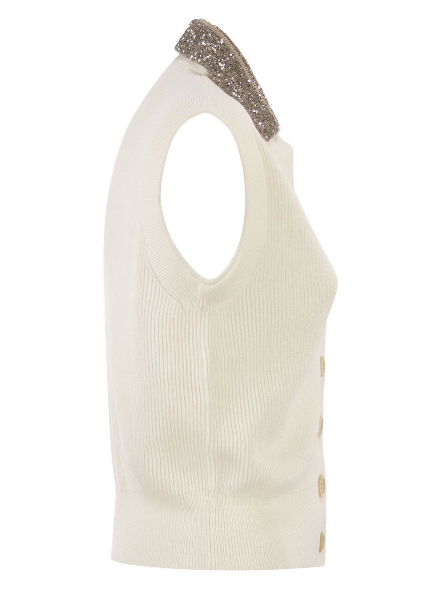 Brunello Cucinelli Women Sleeveless Cotton Ribbed Cardigan With Sequins BRUNELLO CUCINELLI