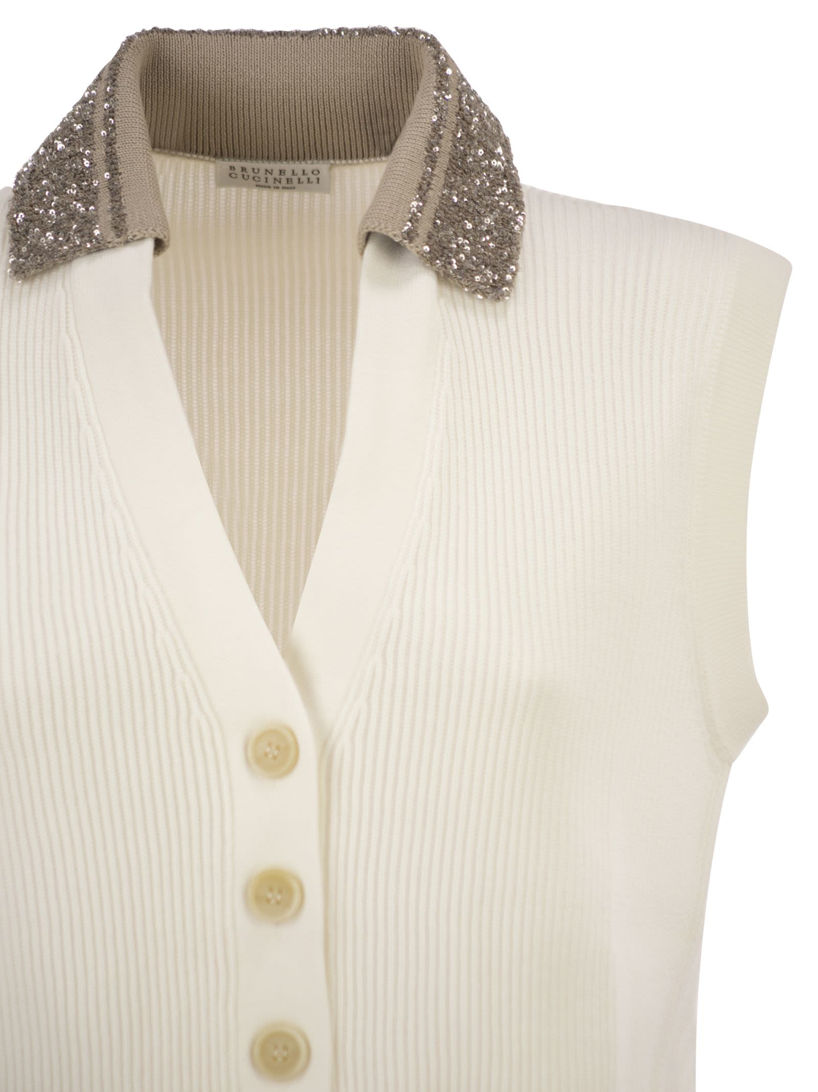 Brunello Cucinelli Women Sleeveless Cotton Ribbed Cardigan With Sequins BRUNELLO CUCINELLI