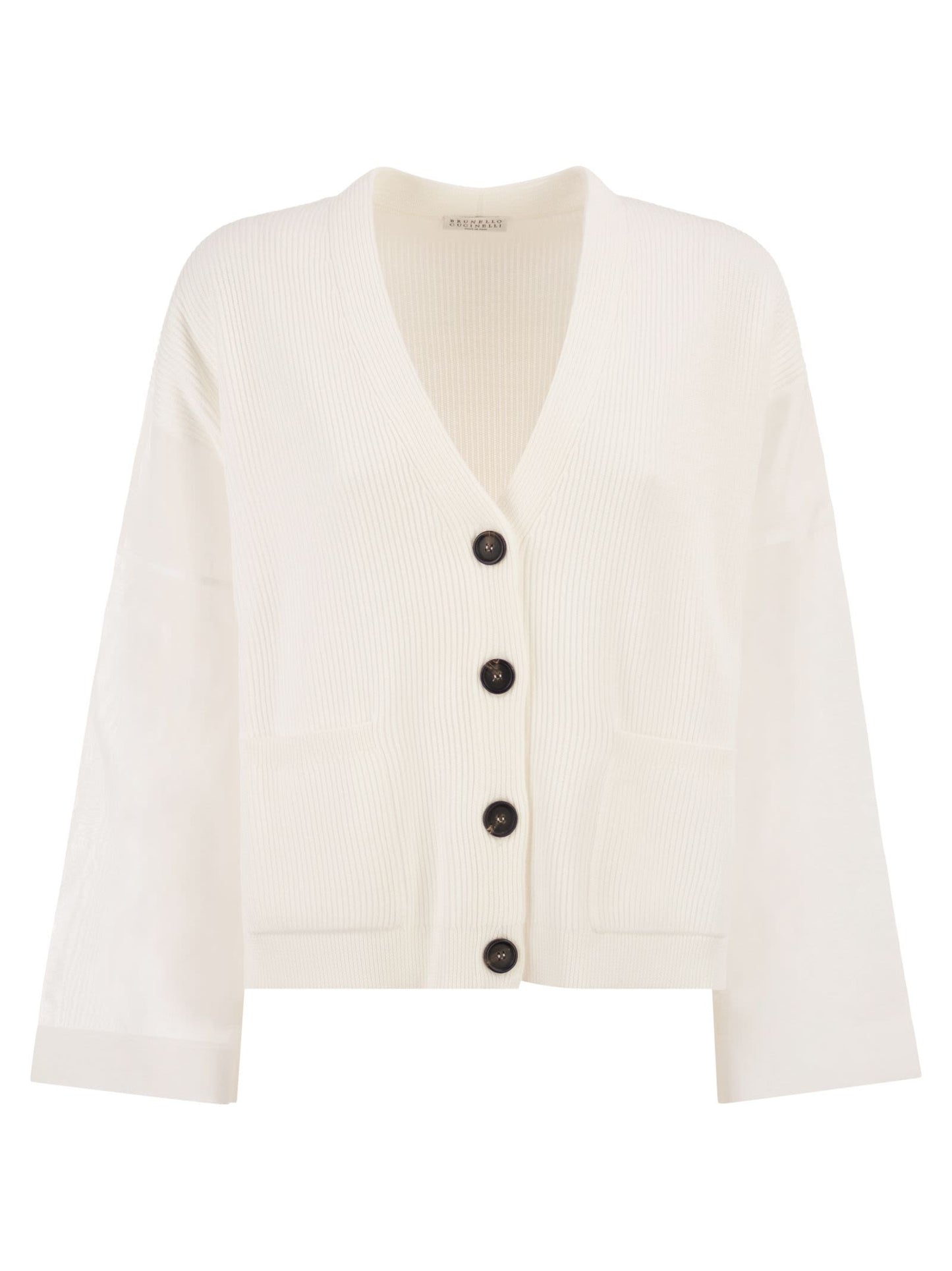 Brunello Cucinelli Women Ribbed Cardigan With Organza Sleeves BRUNELLO CUCINELLI