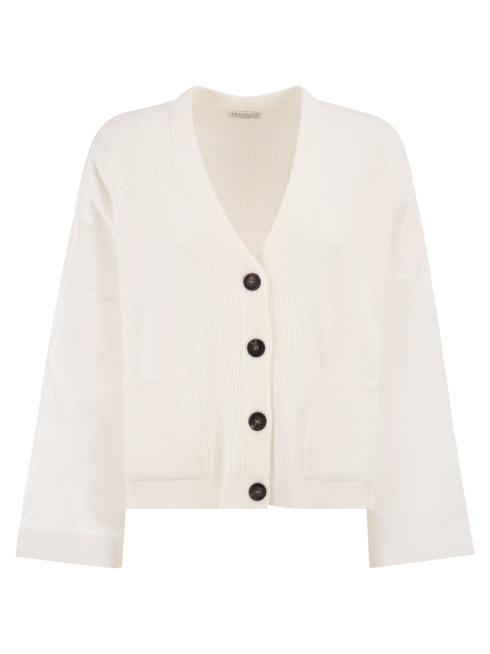 Brunello Cucinelli Women Ribbed Cardigan With Organza Sleeves BRUNELLO CUCINELLI