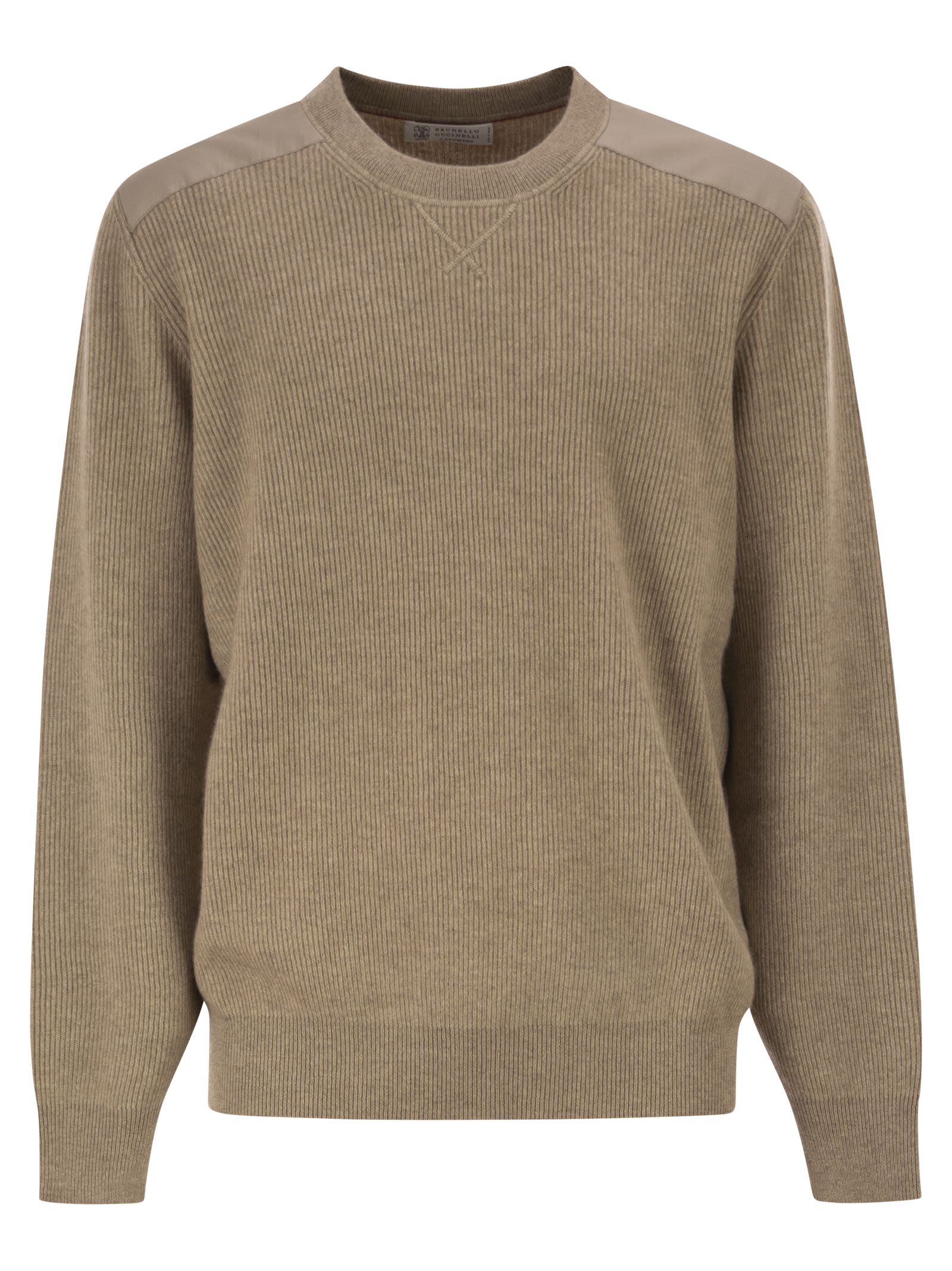 Brunello Cucinelli Men Pure Cashmere Ribbed Crew-Neck Sweater With Cotton Details BRUNELLO CUCINELLI