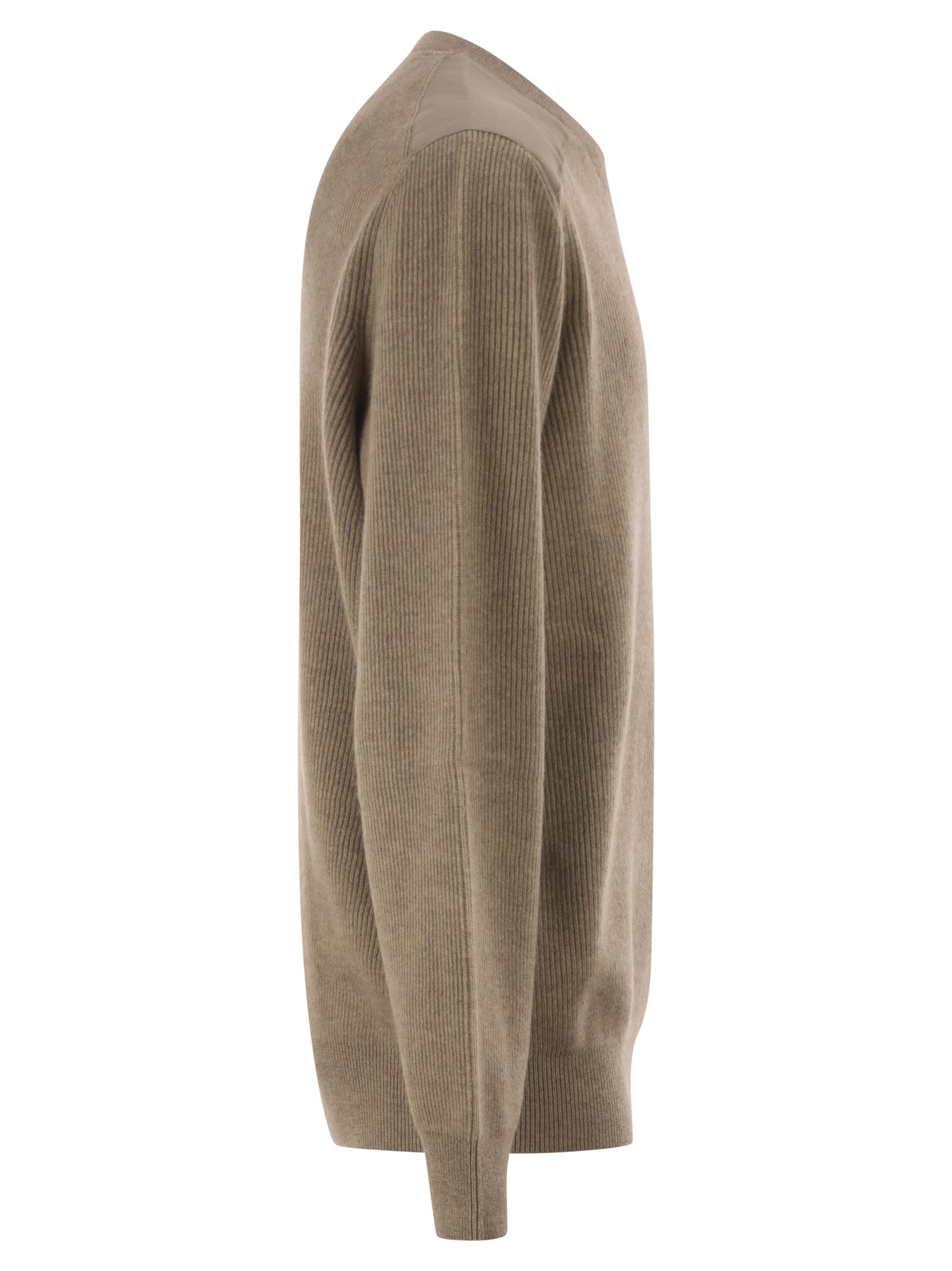 Brunello Cucinelli Men Pure Cashmere Ribbed Crew-Neck Sweater With Cotton Details BRUNELLO CUCINELLI