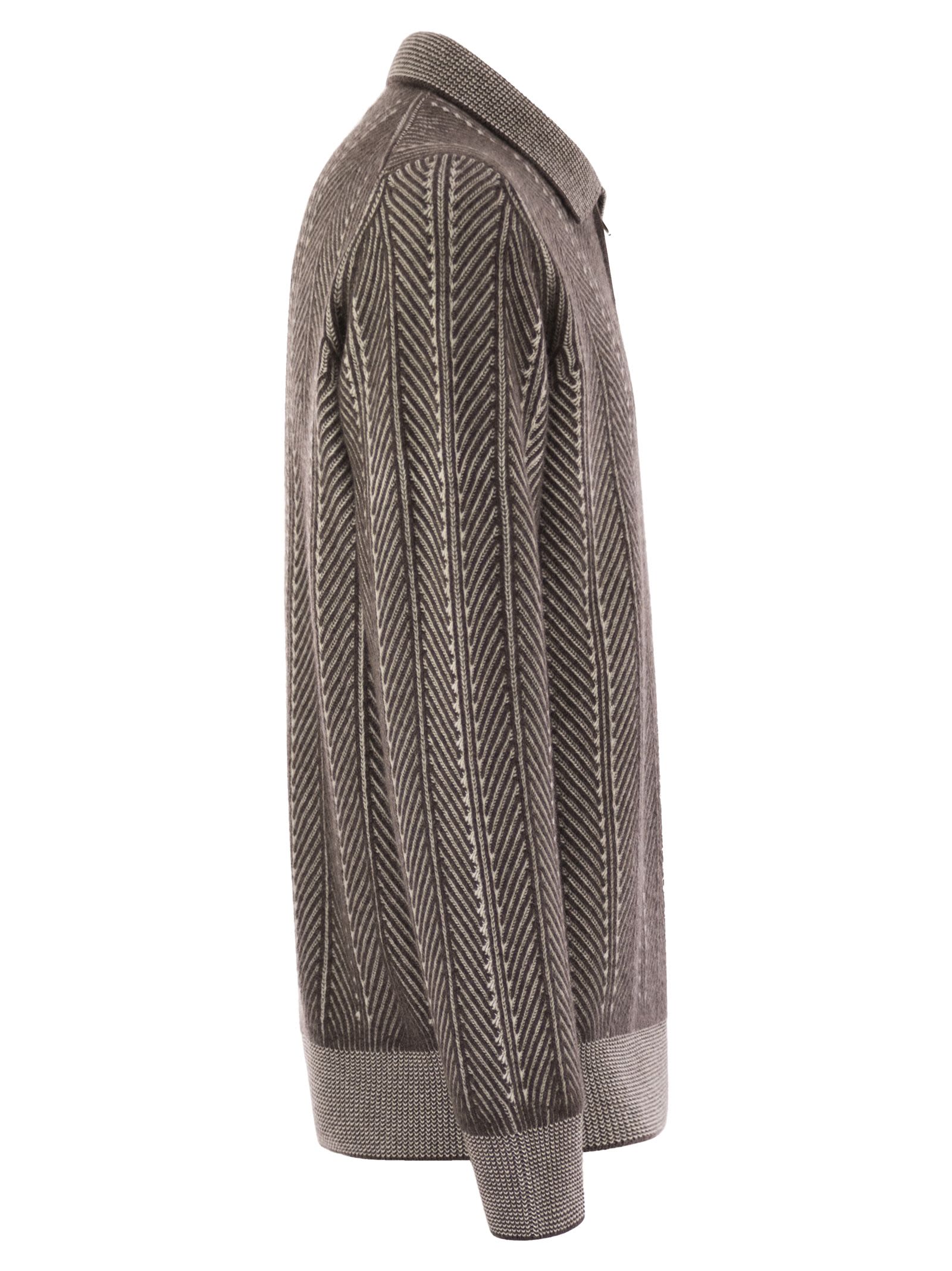 Brunello Cucinelli Men Vanisé Chevron Cashmere Sweater With Polo Neck And Zip Opening BRUNELLO CUCINELLI