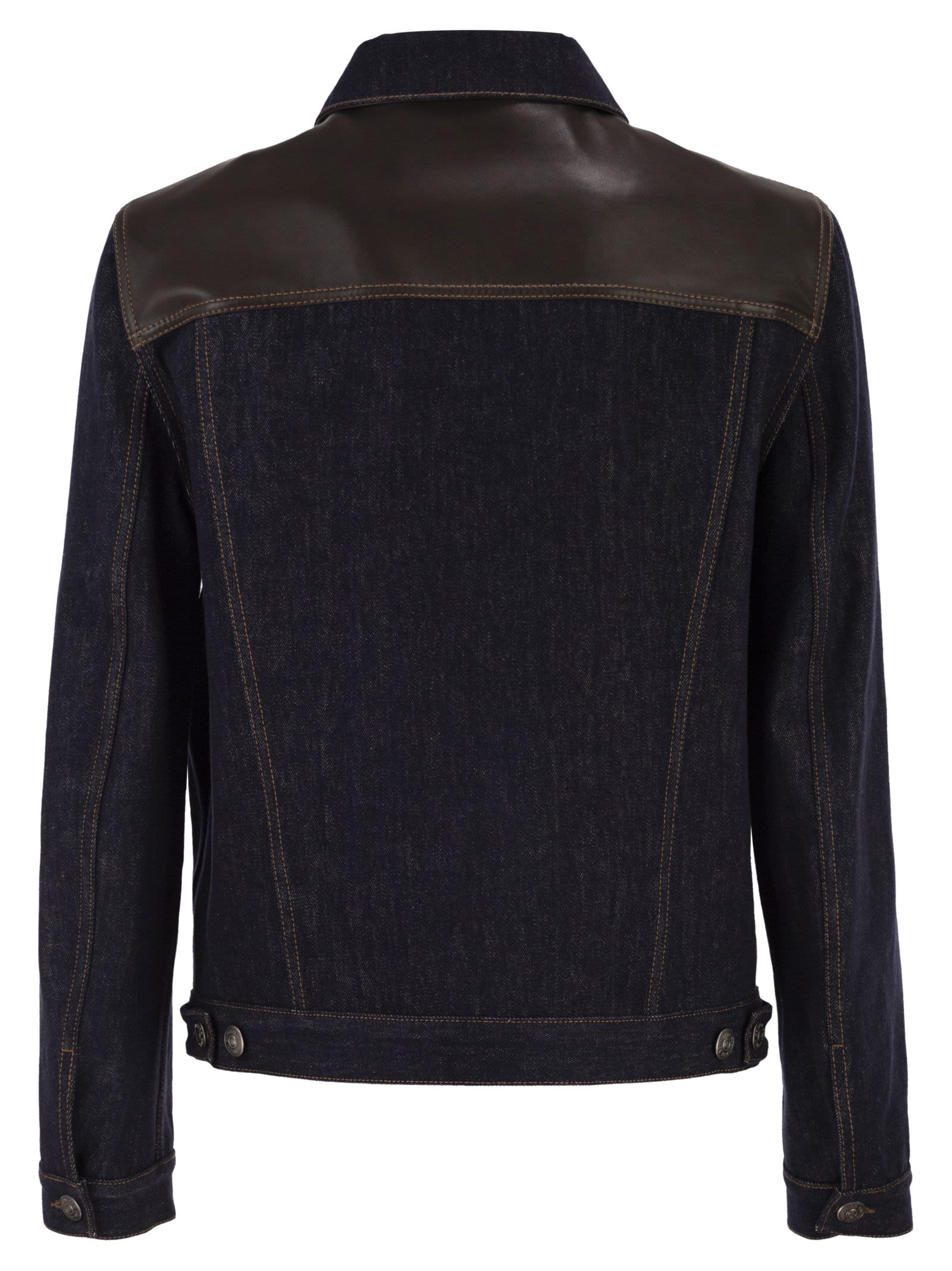 Brunello Cucinelli Men Cotton Denim Jacket With Leather Details BRUNELLO CUCINELLI