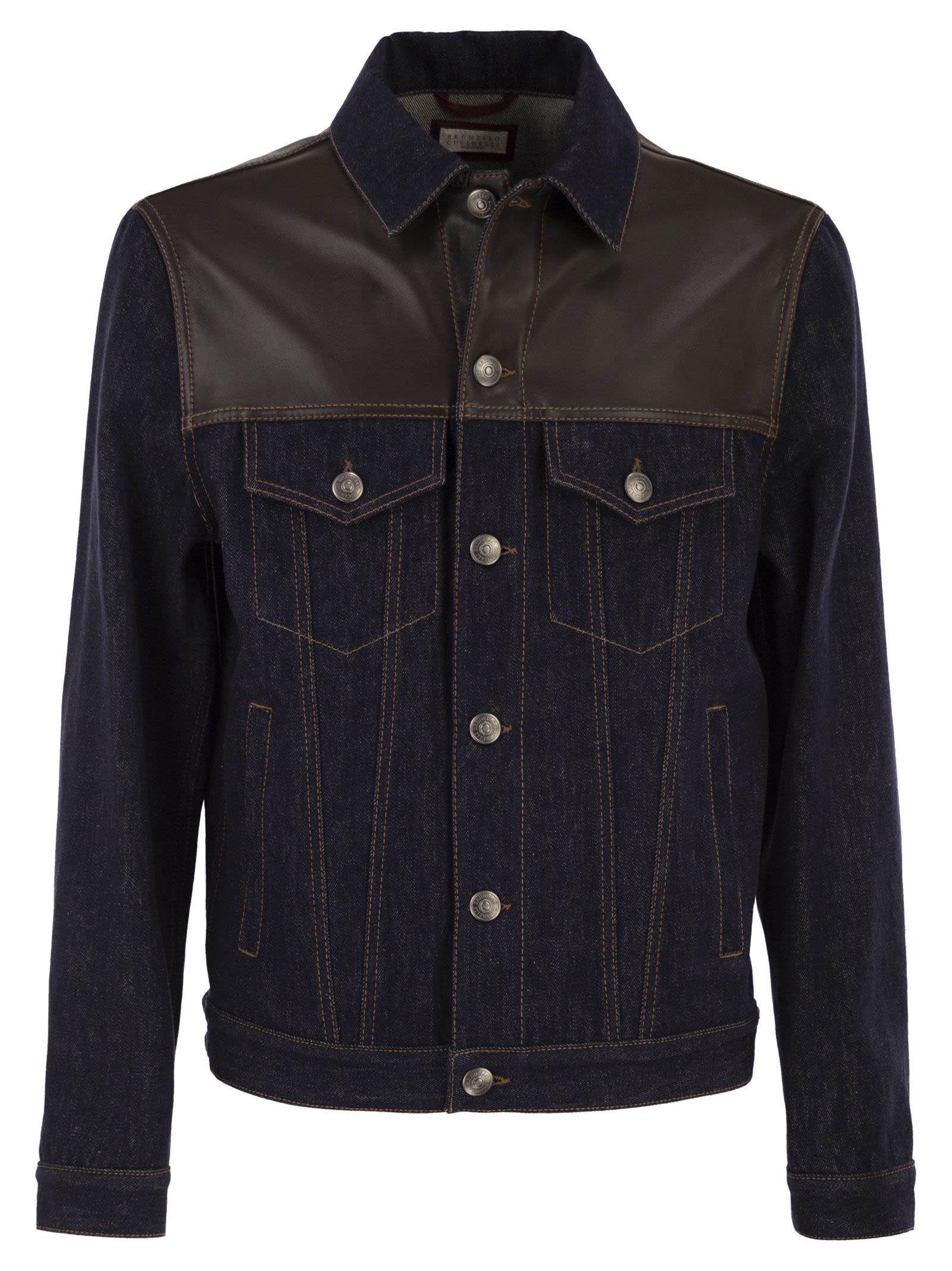 Brunello Cucinelli Men Cotton Denim Jacket With Leather Details BRUNELLO CUCINELLI