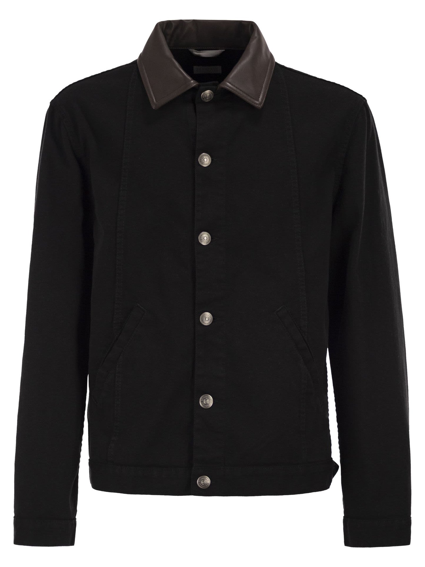 Brunello Cucinelli Men Lightweight Garment-Dyed Cotton Denim Jacket With Leather Collar