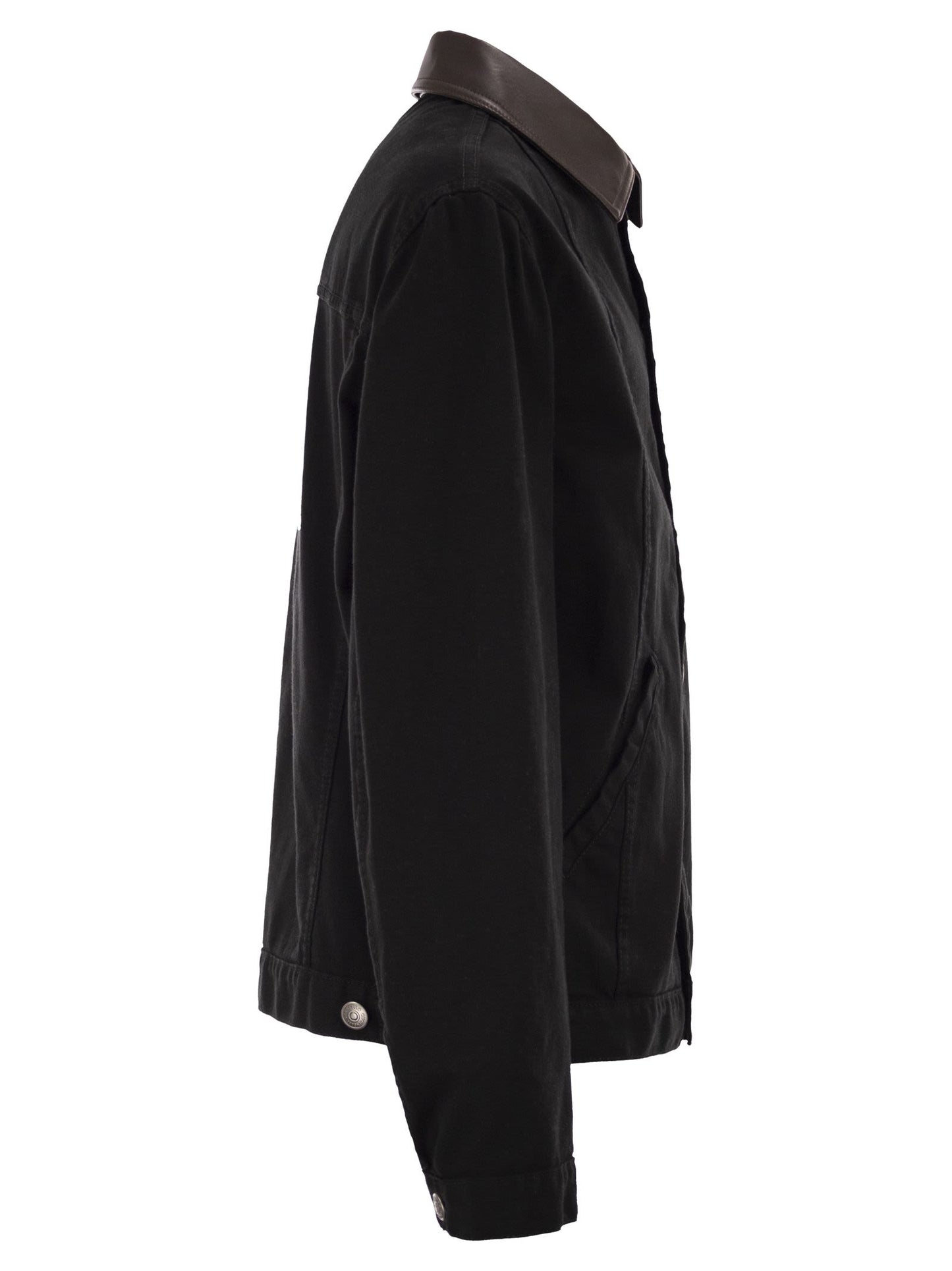 Brunello Cucinelli Men Lightweight Garment-Dyed Cotton Denim Jacket With Leather Collar