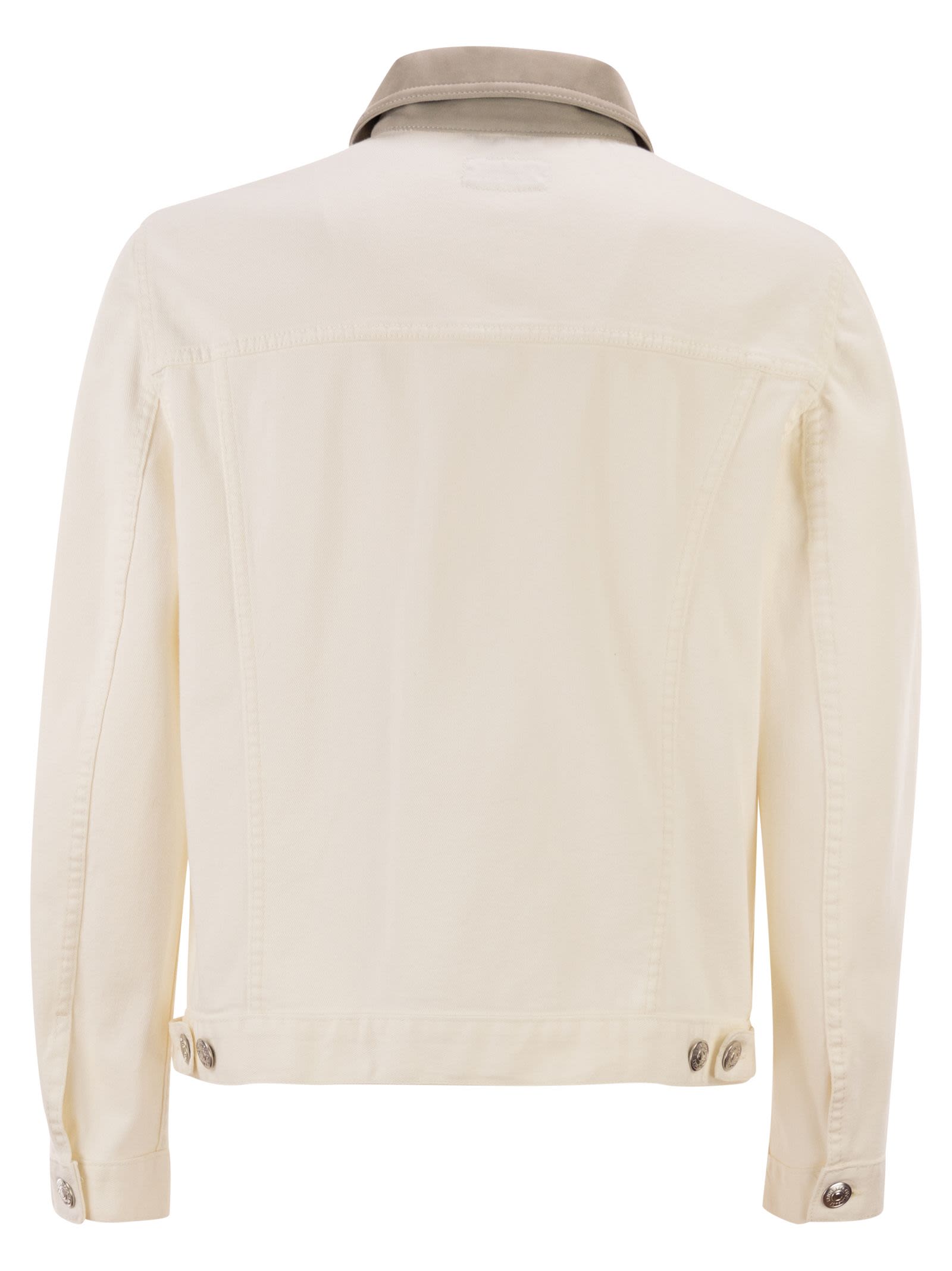 Brunello Cucinelli Men Lightweight Garment-Dyed Cotton Denim Jacket With Leather Collar BRUNELLO CUCINELLI