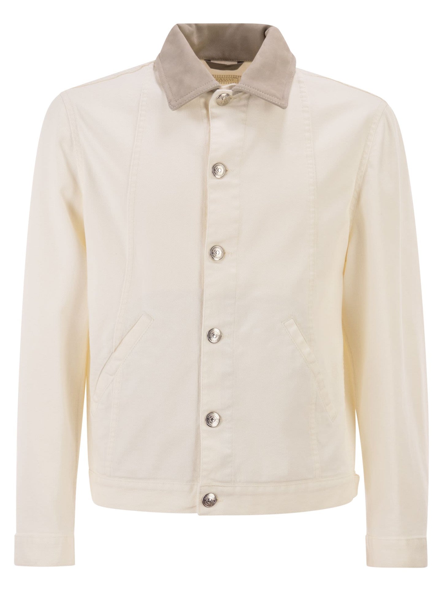 Brunello Cucinelli Men Lightweight Garment-Dyed Cotton Denim Jacket With Leather Collar BRUNELLO CUCINELLI