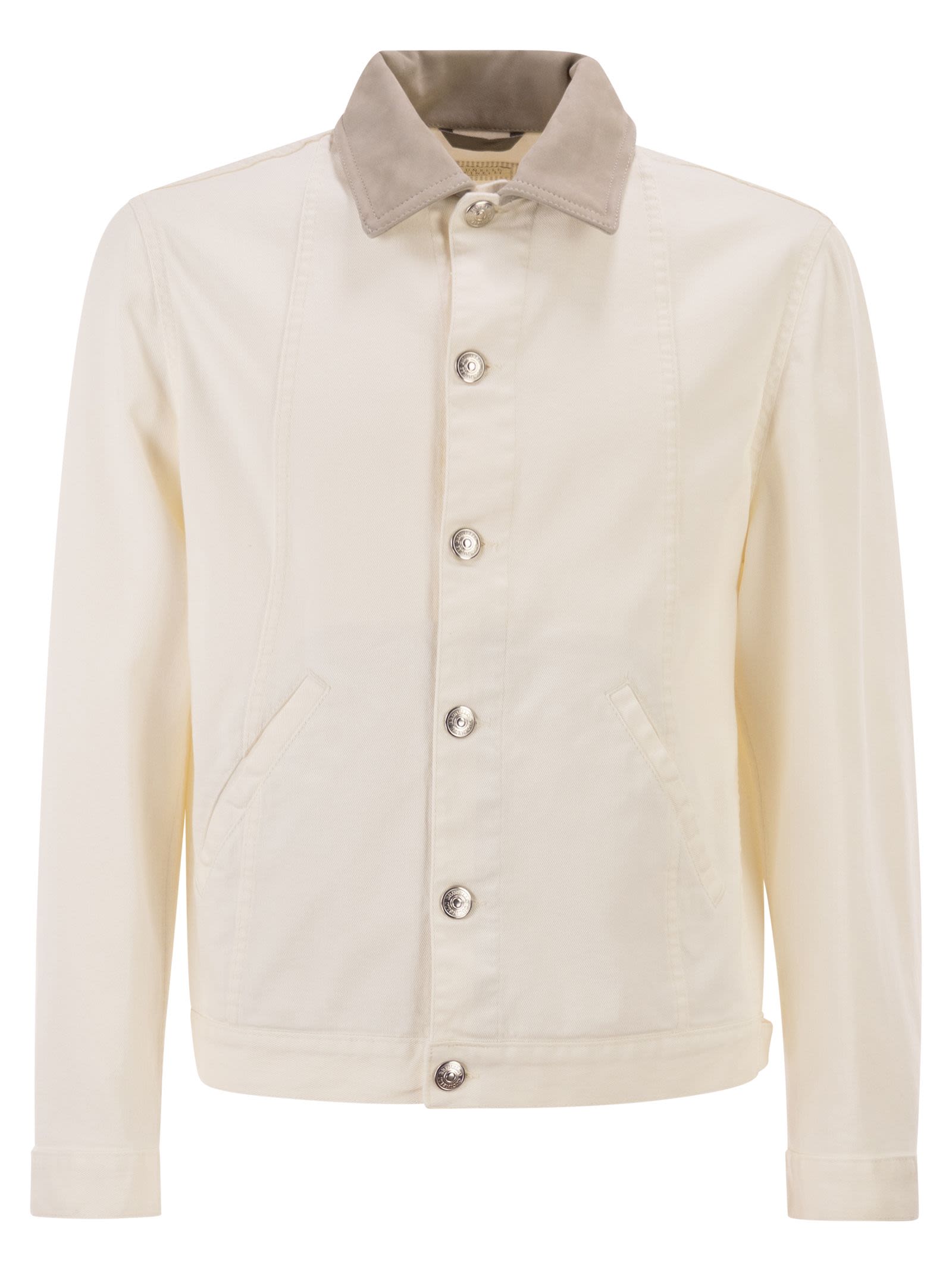 Brunello Cucinelli Men Lightweight Garment-Dyed Cotton Denim Jacket With Leather Collar BRUNELLO CUCINELLI