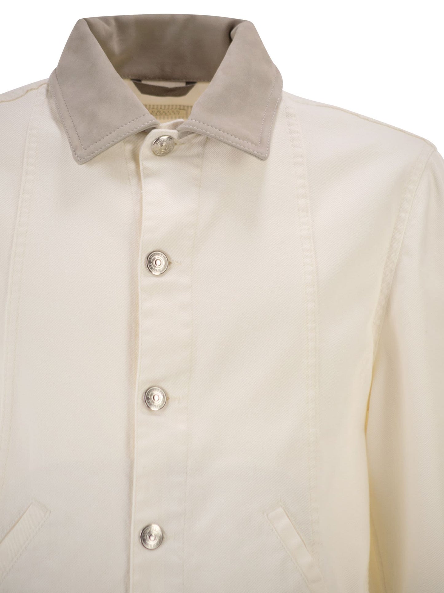 Brunello Cucinelli Men Lightweight Garment-Dyed Cotton Denim Jacket With Leather Collar BRUNELLO CUCINELLI