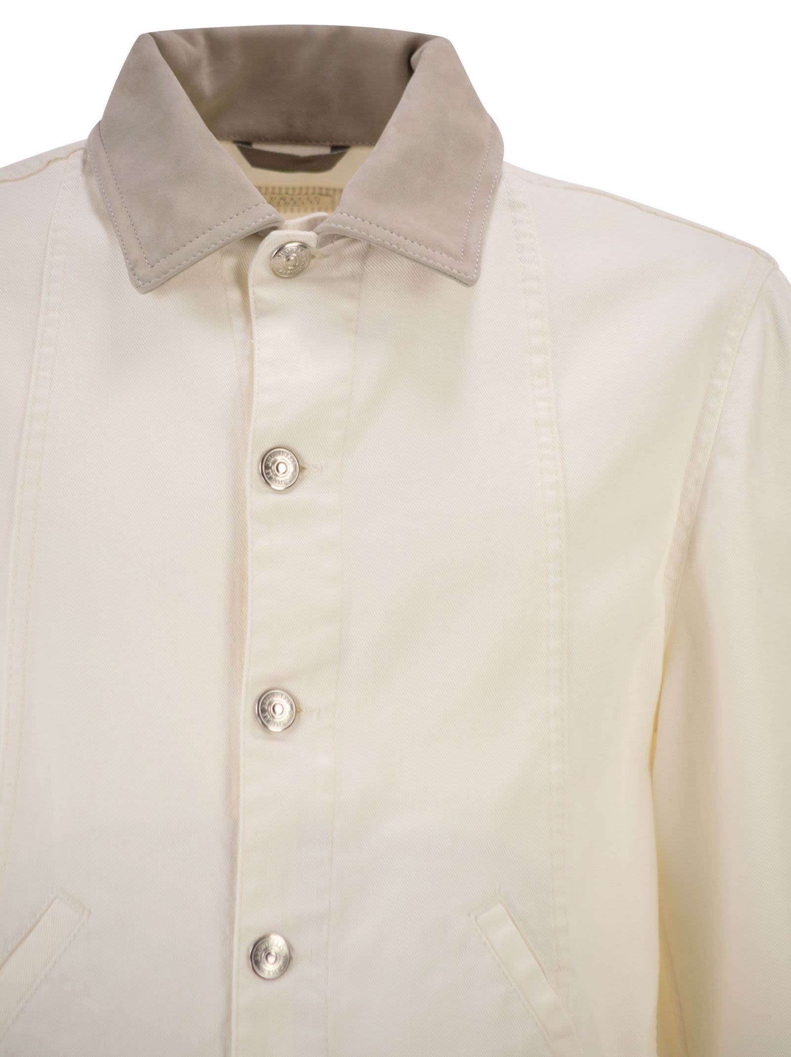 Brunello Cucinelli Men Lightweight Garment-Dyed Cotton Denim Jacket With Leather Collar BRUNELLO CUCINELLI
