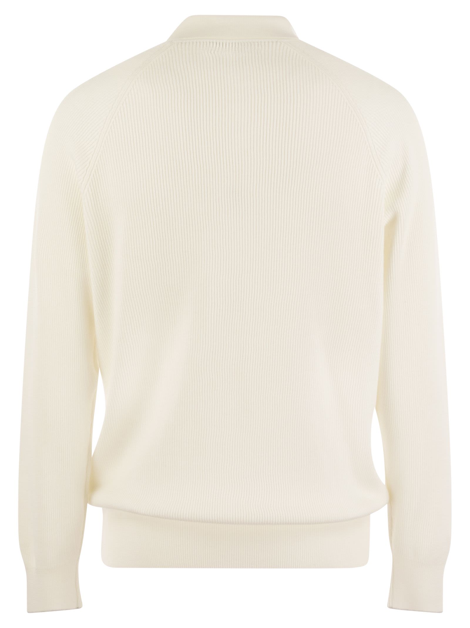 Brunello Cucinelli Men Cotton Rib Knit Polo Shirt With Long Raglan Sleeve BRUNELLO CUCINELLI
