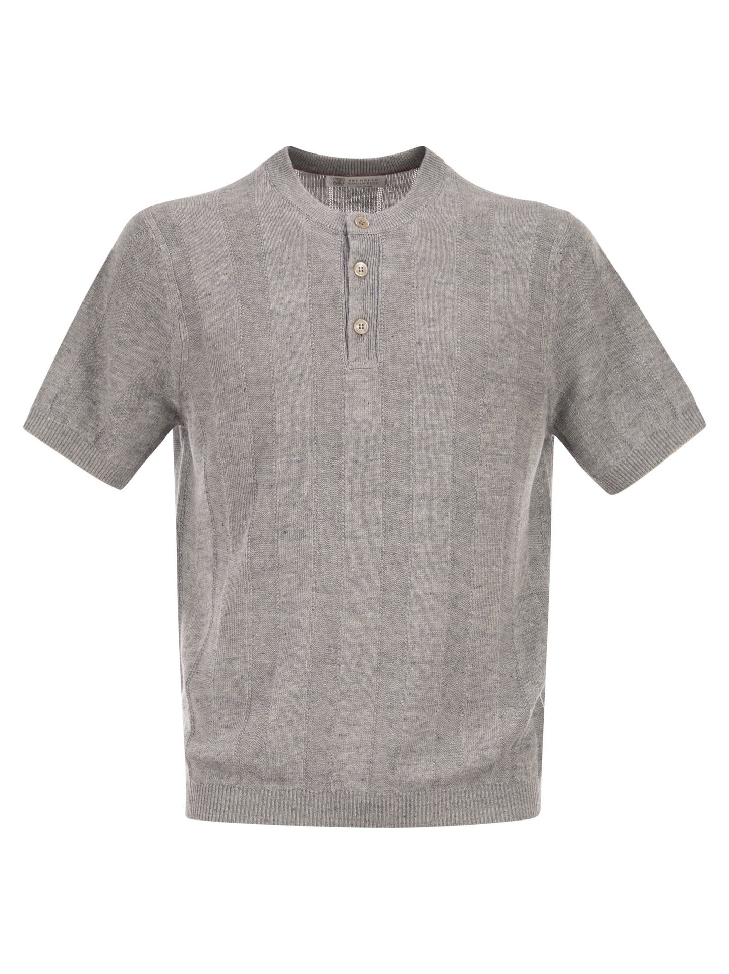 Brunello Cucinelli Men Seraphim Collar T-Shirt In Linen And Cotton Rib Knit BRUNELLO CUCINELLI