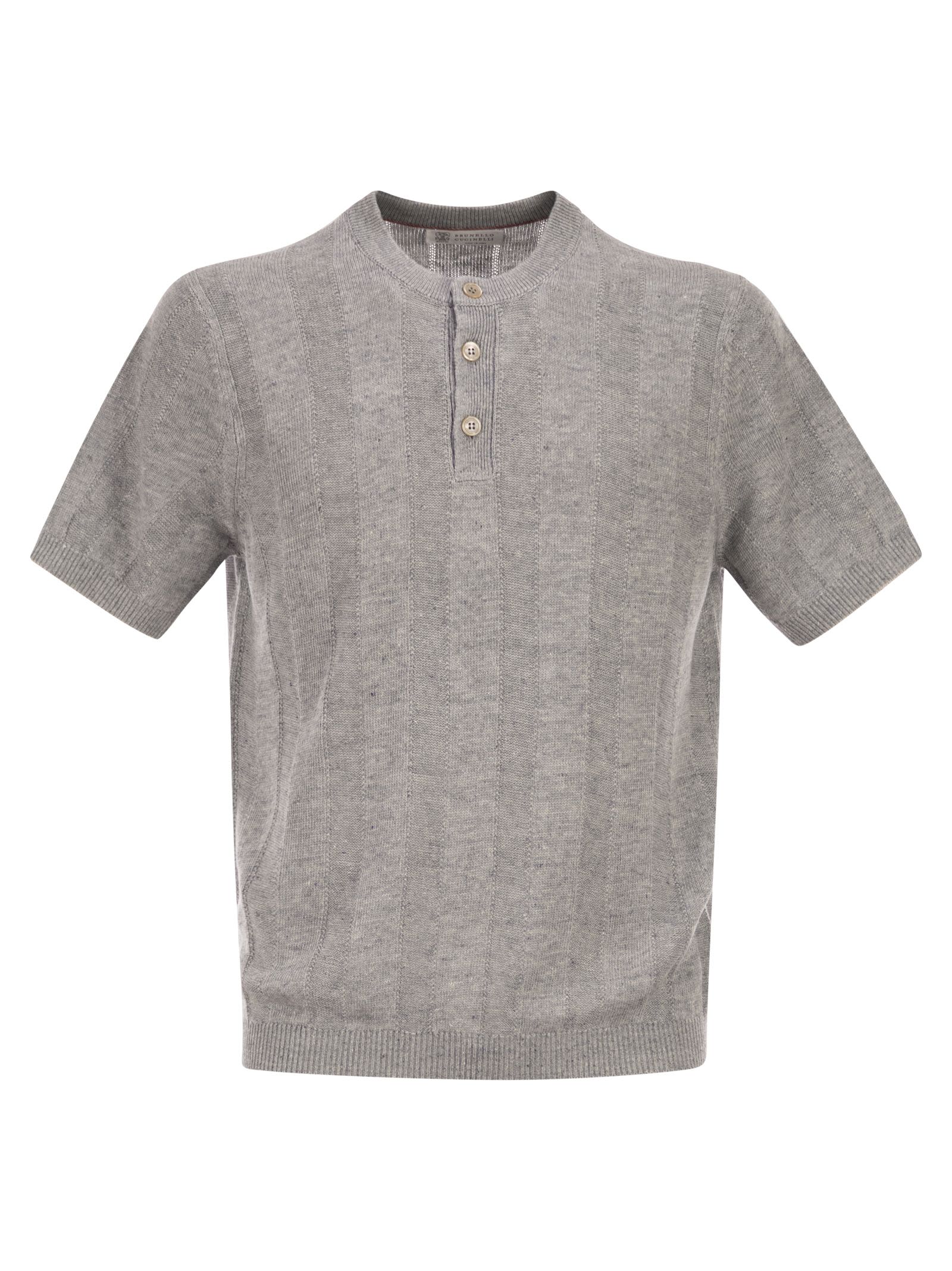 Brunello Cucinelli Men Seraphim Collar T-Shirt In Linen And Cotton Rib Knit BRUNELLO CUCINELLI