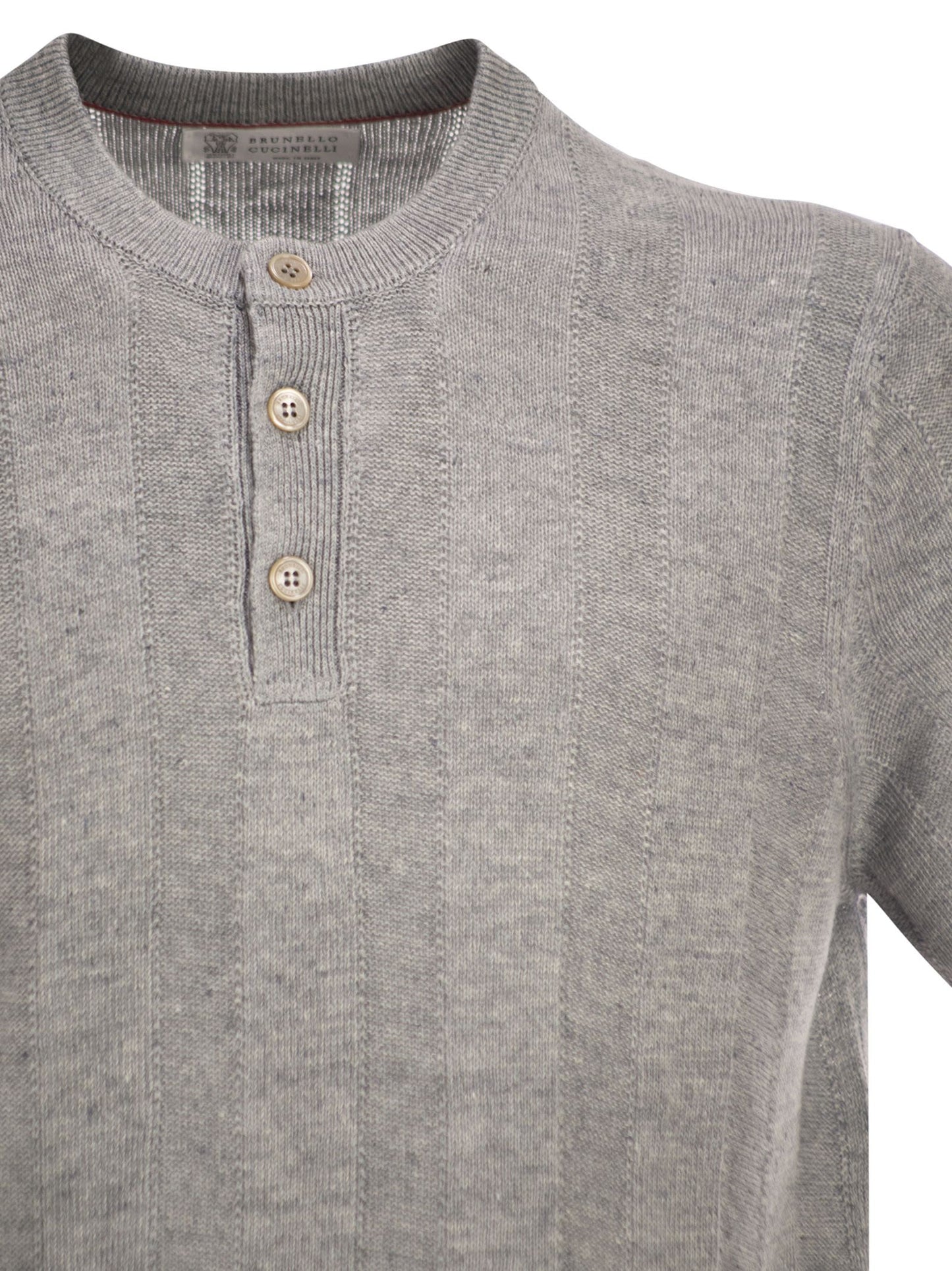 Brunello Cucinelli Men Seraphim Collar T-Shirt In Linen And Cotton Rib Knit BRUNELLO CUCINELLI