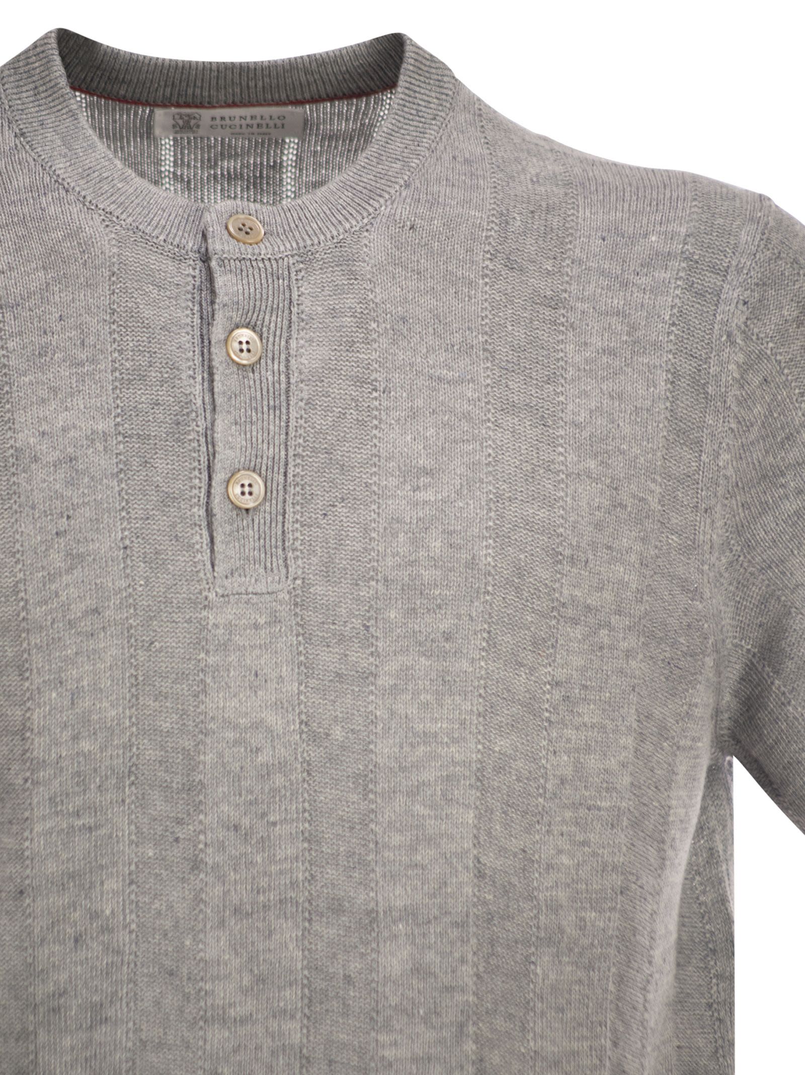 Brunello Cucinelli Men Seraphim Collar T-Shirt In Linen And Cotton Rib Knit BRUNELLO CUCINELLI