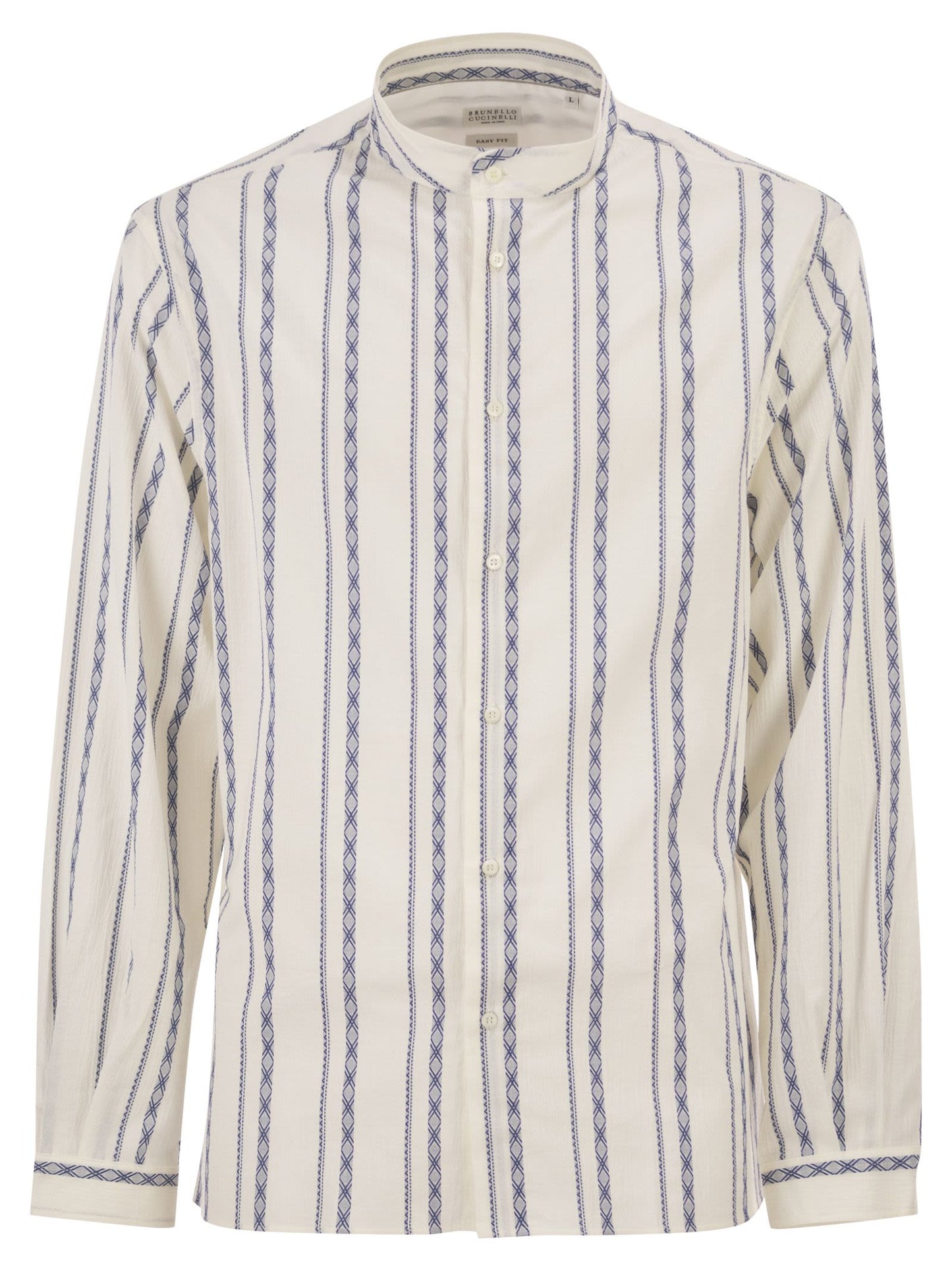 Brunello Cucinelli Men Easy Fit Shirt With Mandarin Collar And Geometric Embroidery BRUNELLO CUCINELLI