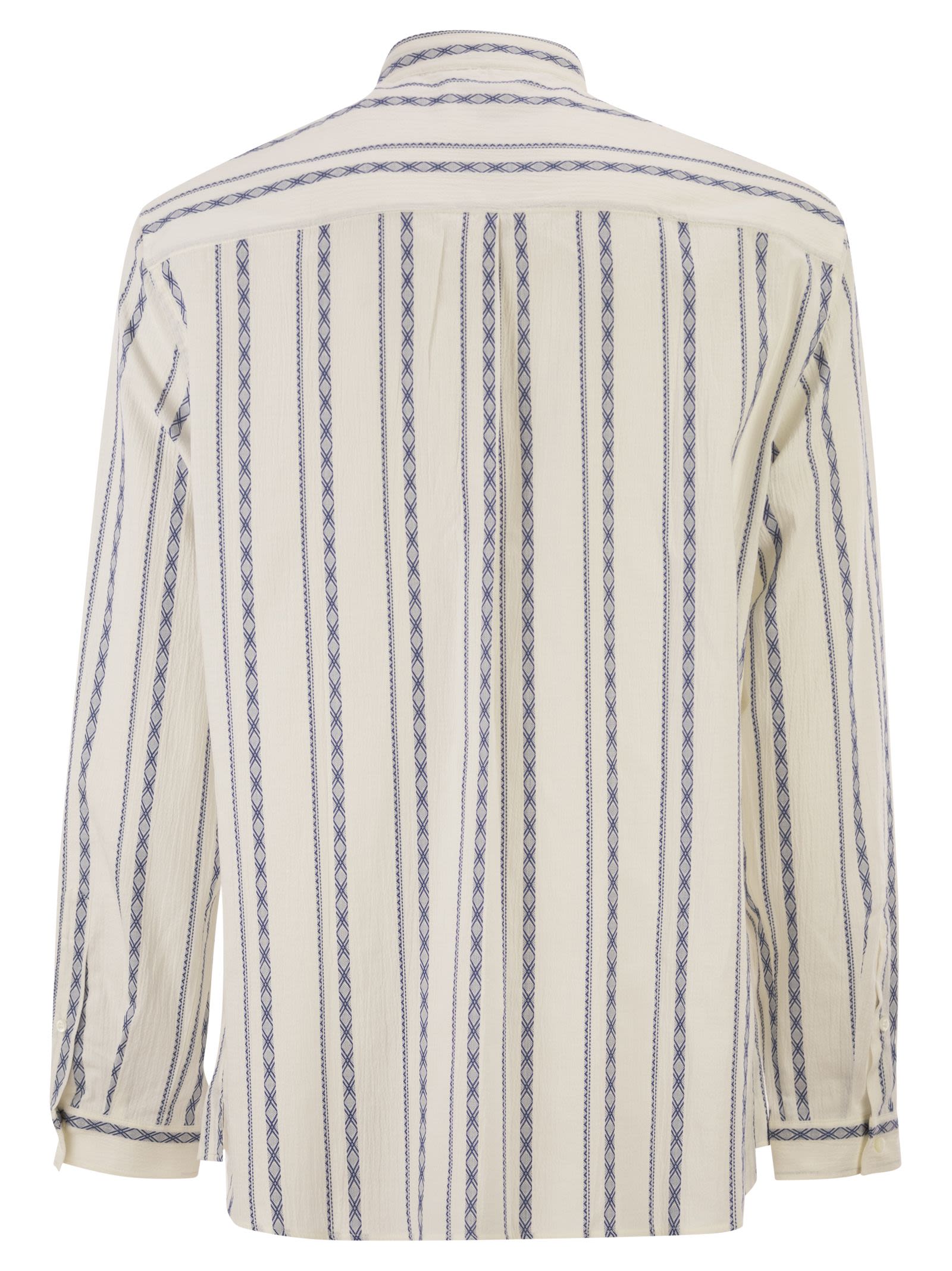 Brunello Cucinelli Men Easy Fit Shirt With Mandarin Collar And Geometric Embroidery BRUNELLO CUCINELLI