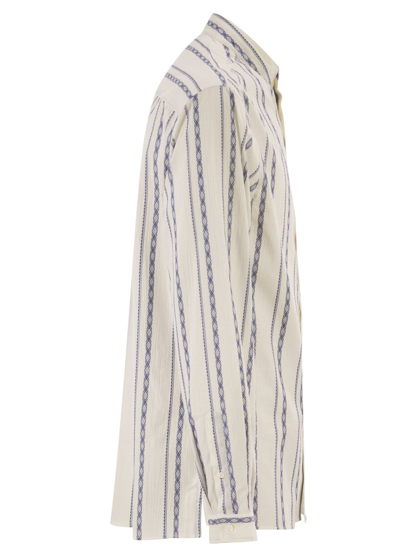 Brunello Cucinelli Men Easy Fit Shirt With Mandarin Collar And Geometric Embroidery BRUNELLO CUCINELLI