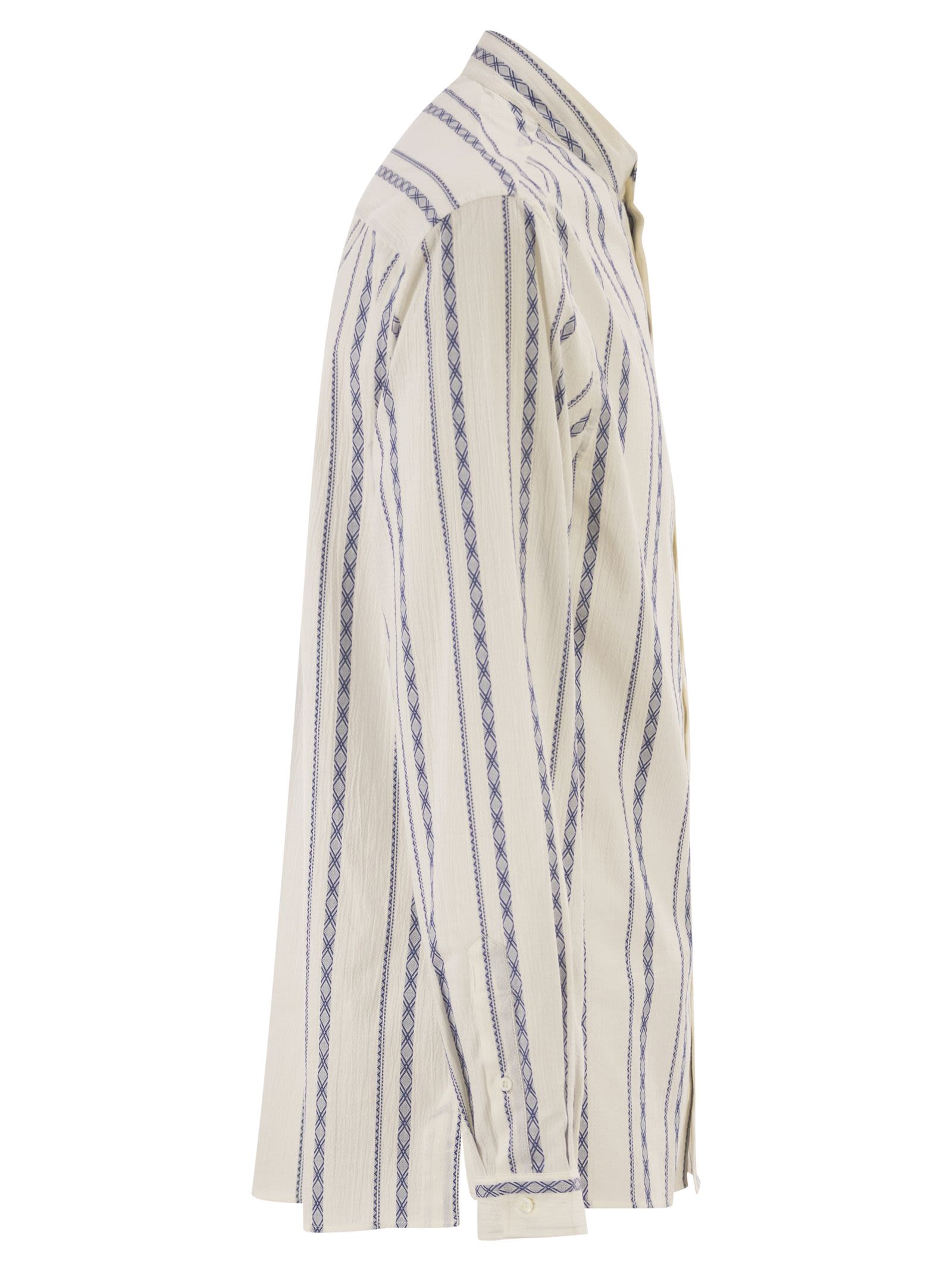 Brunello Cucinelli Men Easy Fit Shirt With Mandarin Collar And Geometric Embroidery BRUNELLO CUCINELLI