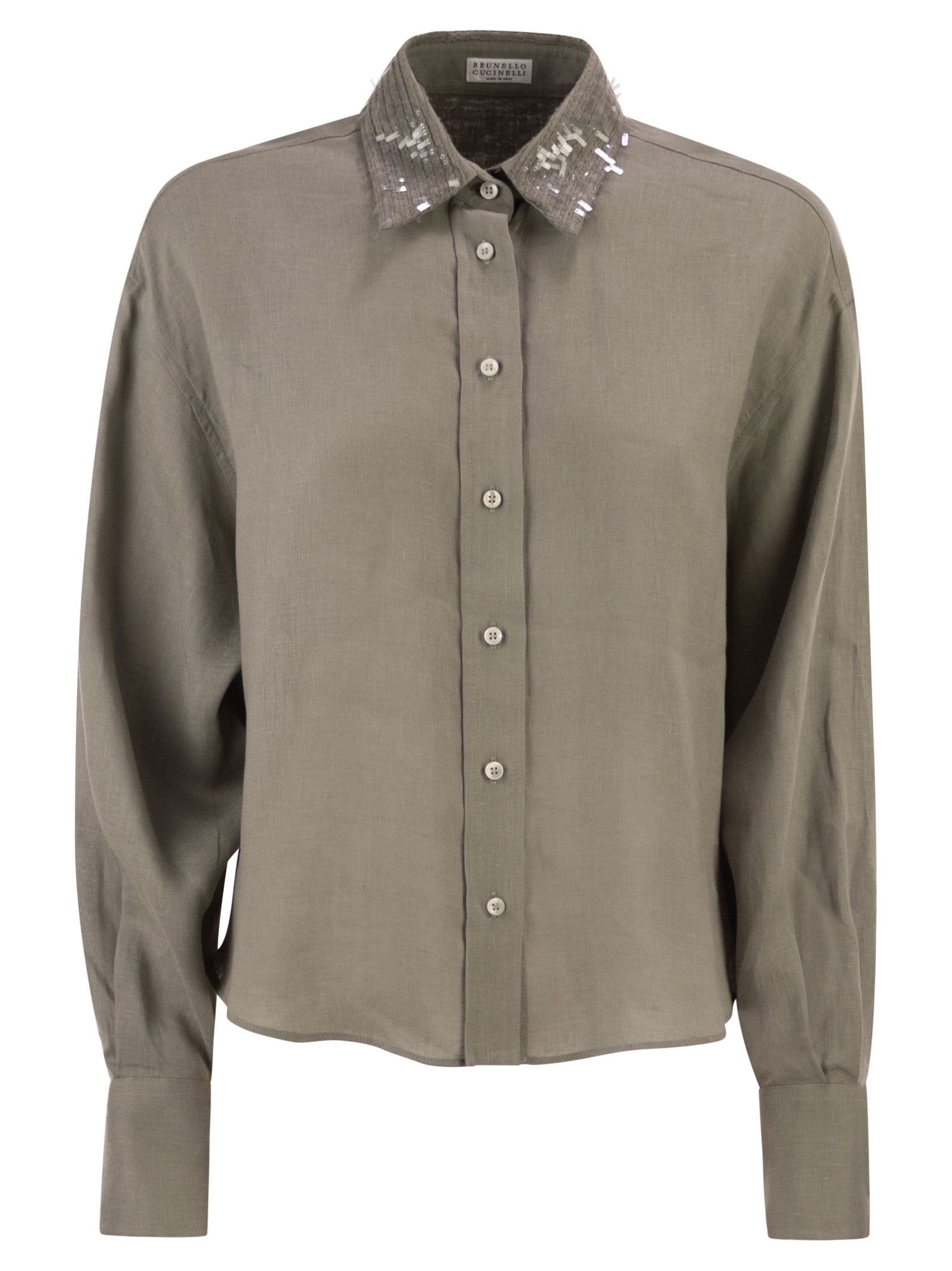 Brunello Cucinelli Women Linen Shirt With Sequin-Embroidered Collar BRUNELLO CUCINELLI