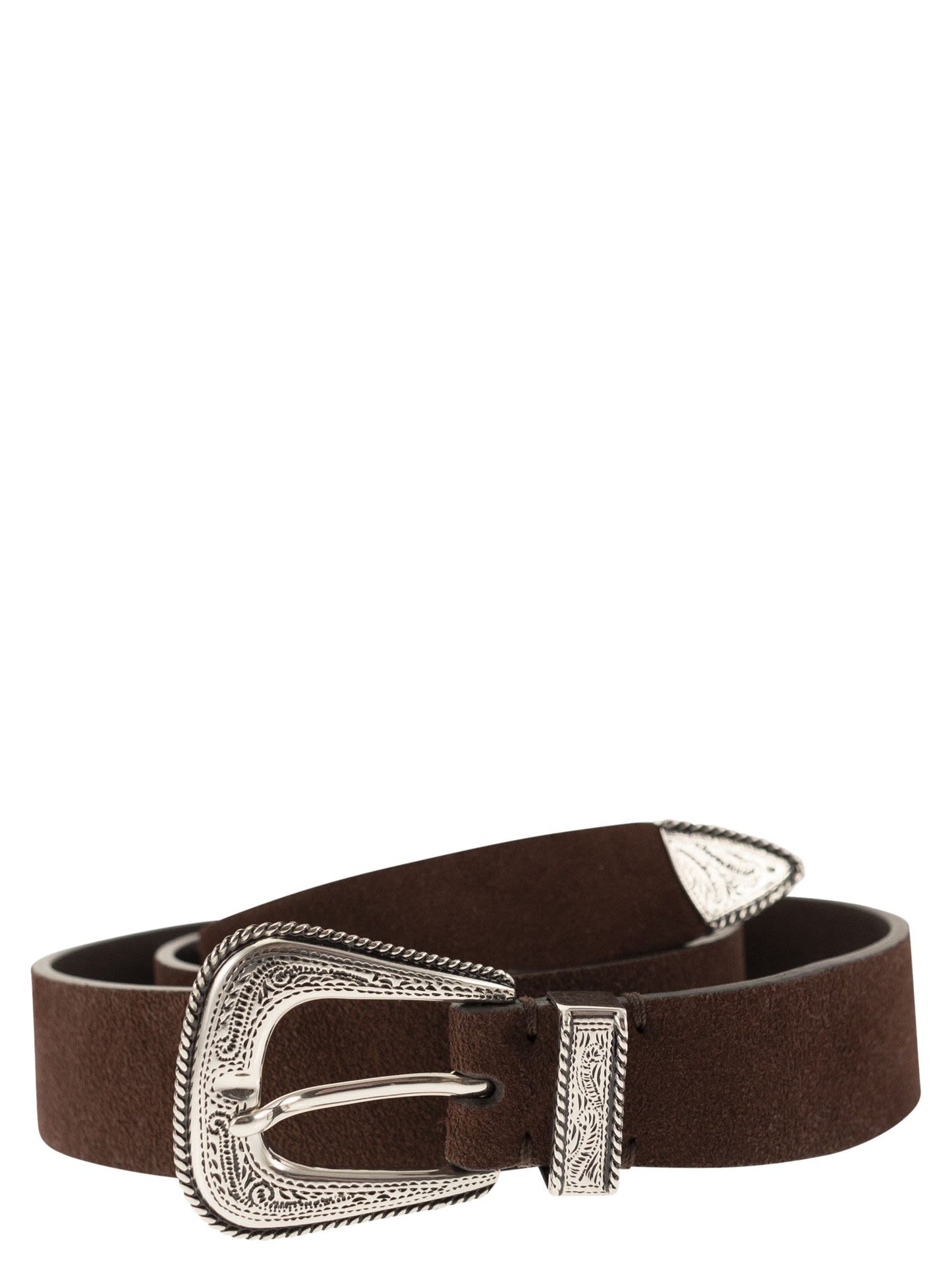 Brunello Cucinelli Men Suede Leather Belt With Engraved Western Buckle BRUNELLO CUCINELLI