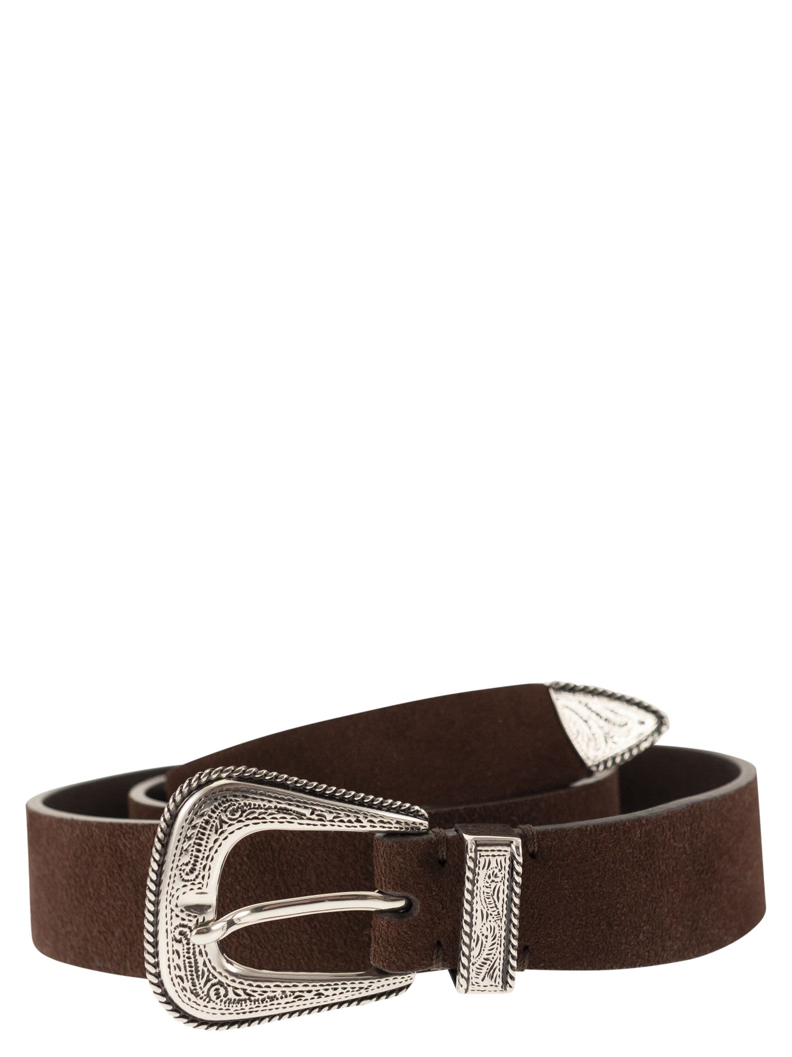 Brunello Cucinelli Men Suede Leather Belt With Engraved Western Buckle BRUNELLO CUCINELLI