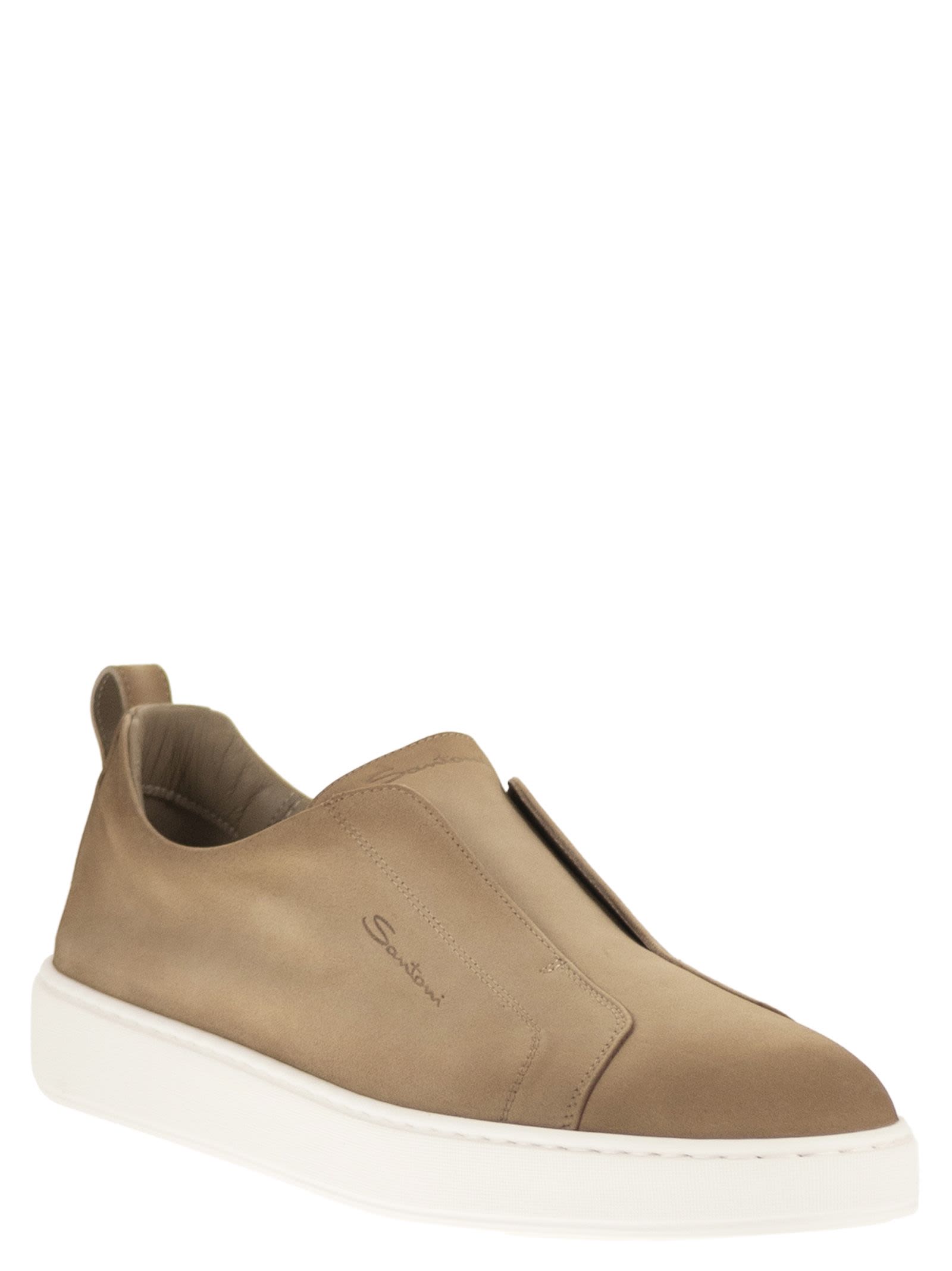 Santoni Men Suede Leather Slip-On Trainers With Rubber Sole SANTONI