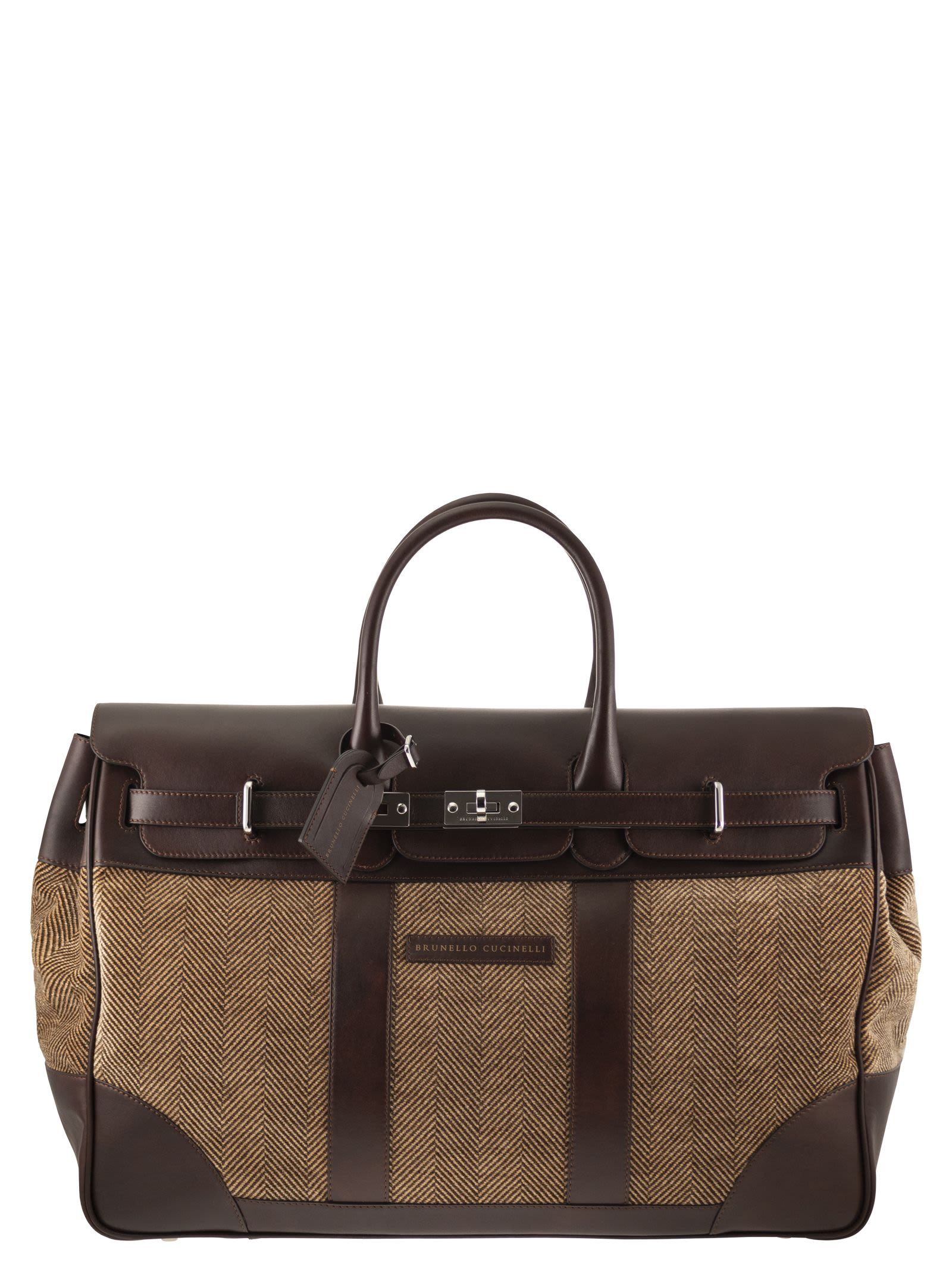 Brunello Cucinelli Men Herringbone Fabric And Leather Weekender Bag BRUNELLO CUCINELLI