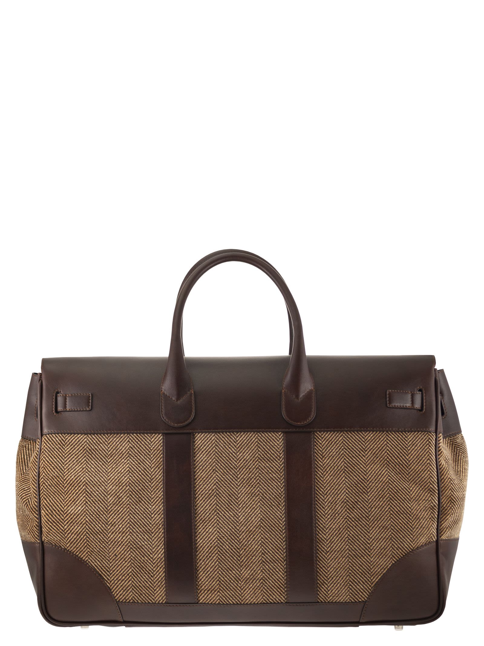 Brunello Cucinelli Men Herringbone Fabric And Leather Weekender Bag BRUNELLO CUCINELLI