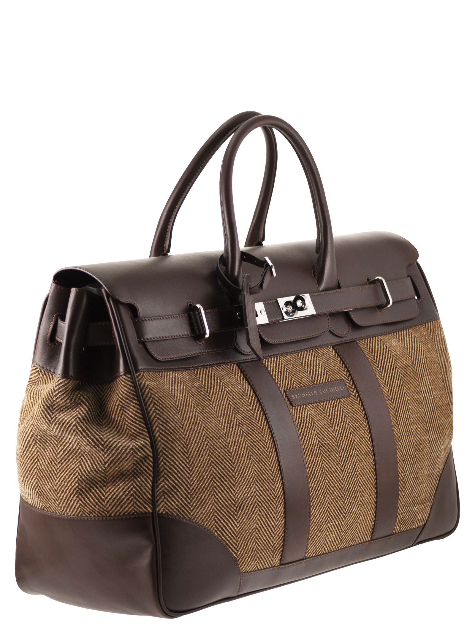 Brunello Cucinelli Men Herringbone Fabric And Leather Weekender Bag BRUNELLO CUCINELLI