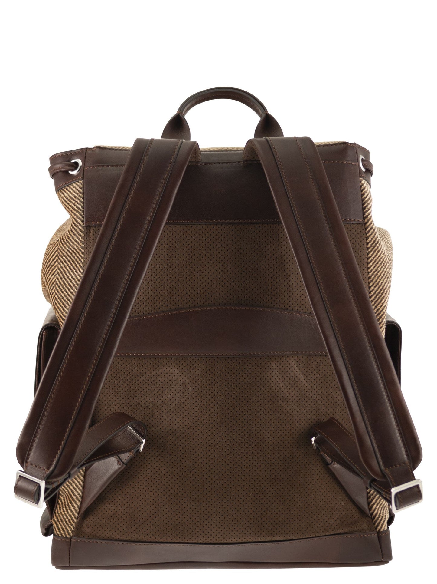 Brunello Cucinelli Men Herringbone-Texture Backpack With Leather Trims BRUNELLO CUCINELLI