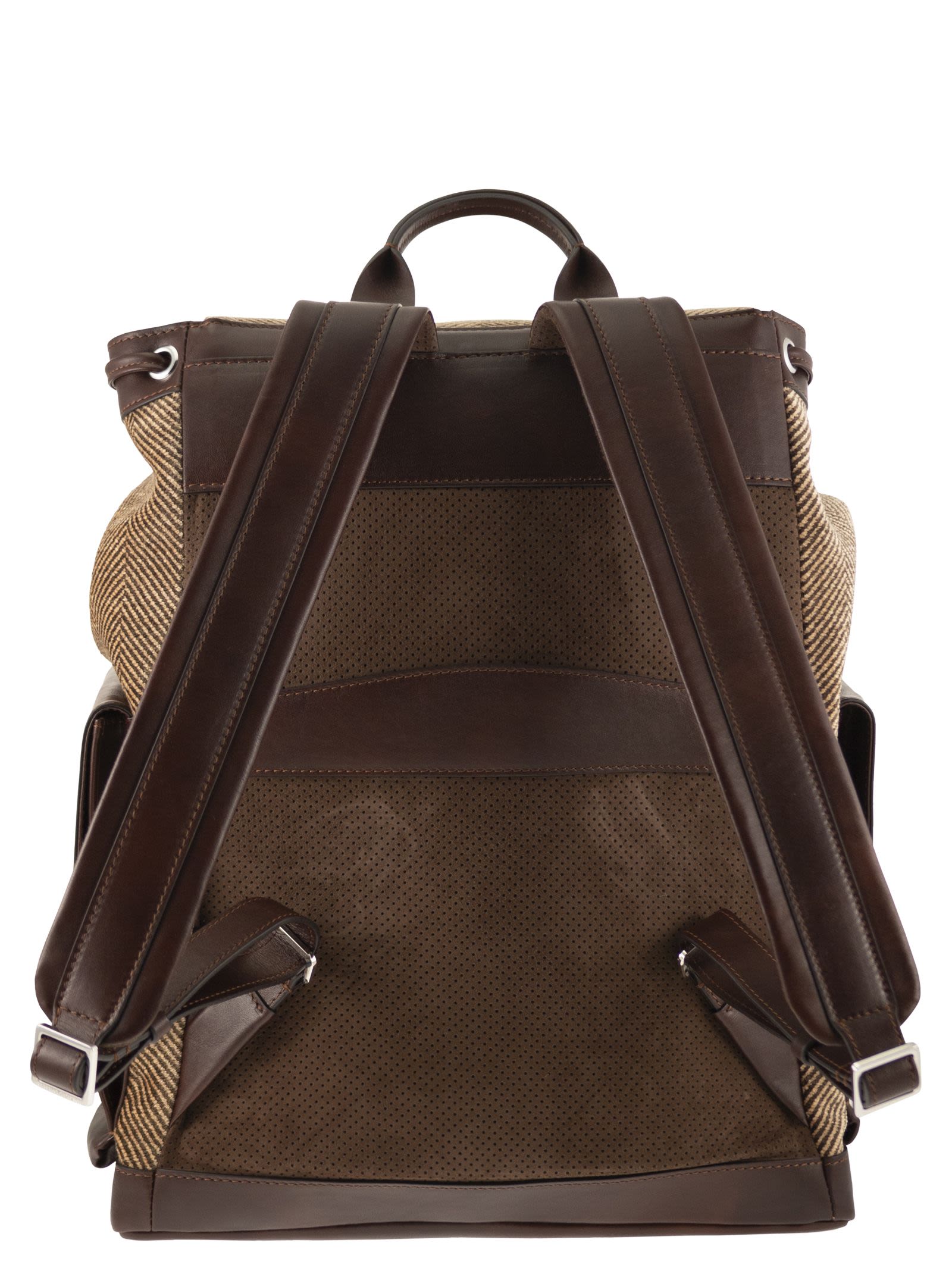 Brunello Cucinelli Men Herringbone-Texture Backpack With Leather Trims BRUNELLO CUCINELLI