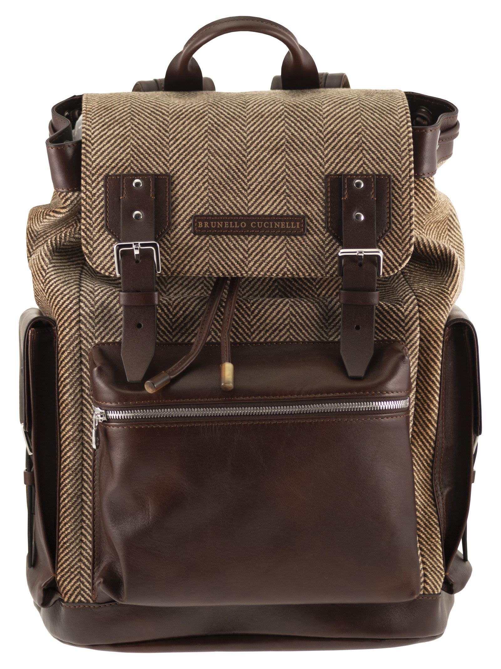 Brunello Cucinelli Men Herringbone-Texture Backpack With Leather Trims BRUNELLO CUCINELLI
