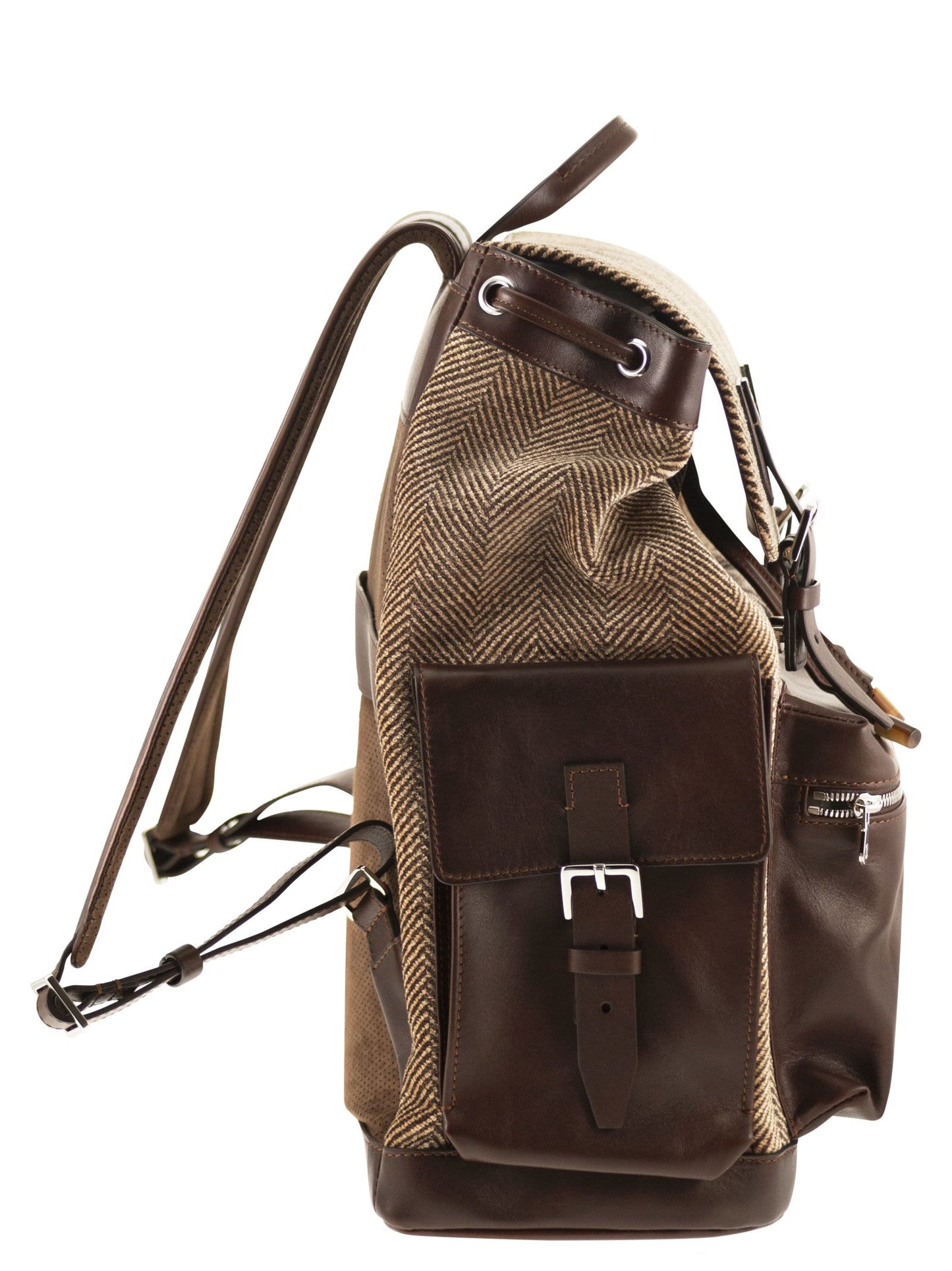 Brunello Cucinelli Men Herringbone-Texture Backpack With Leather Trims BRUNELLO CUCINELLI